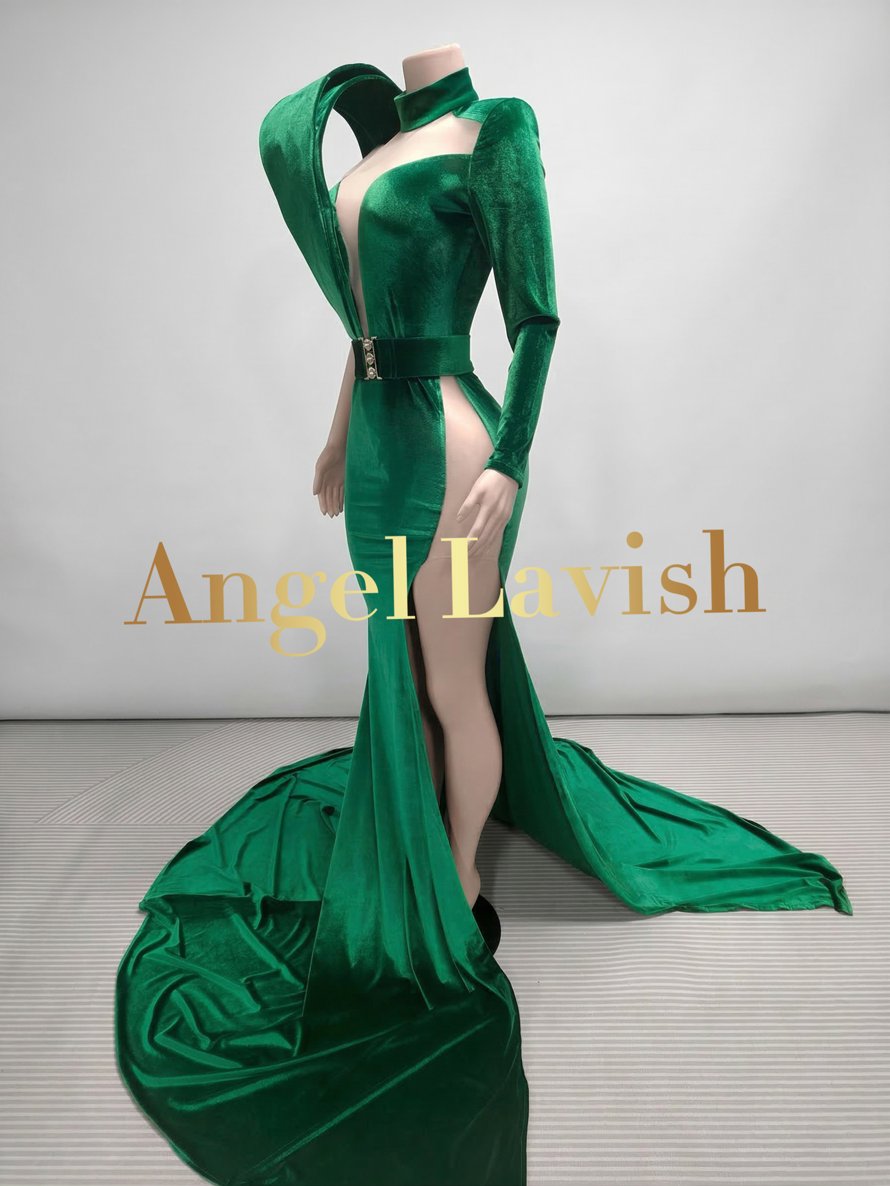 Luxurious Green Velvet Slit Gown
