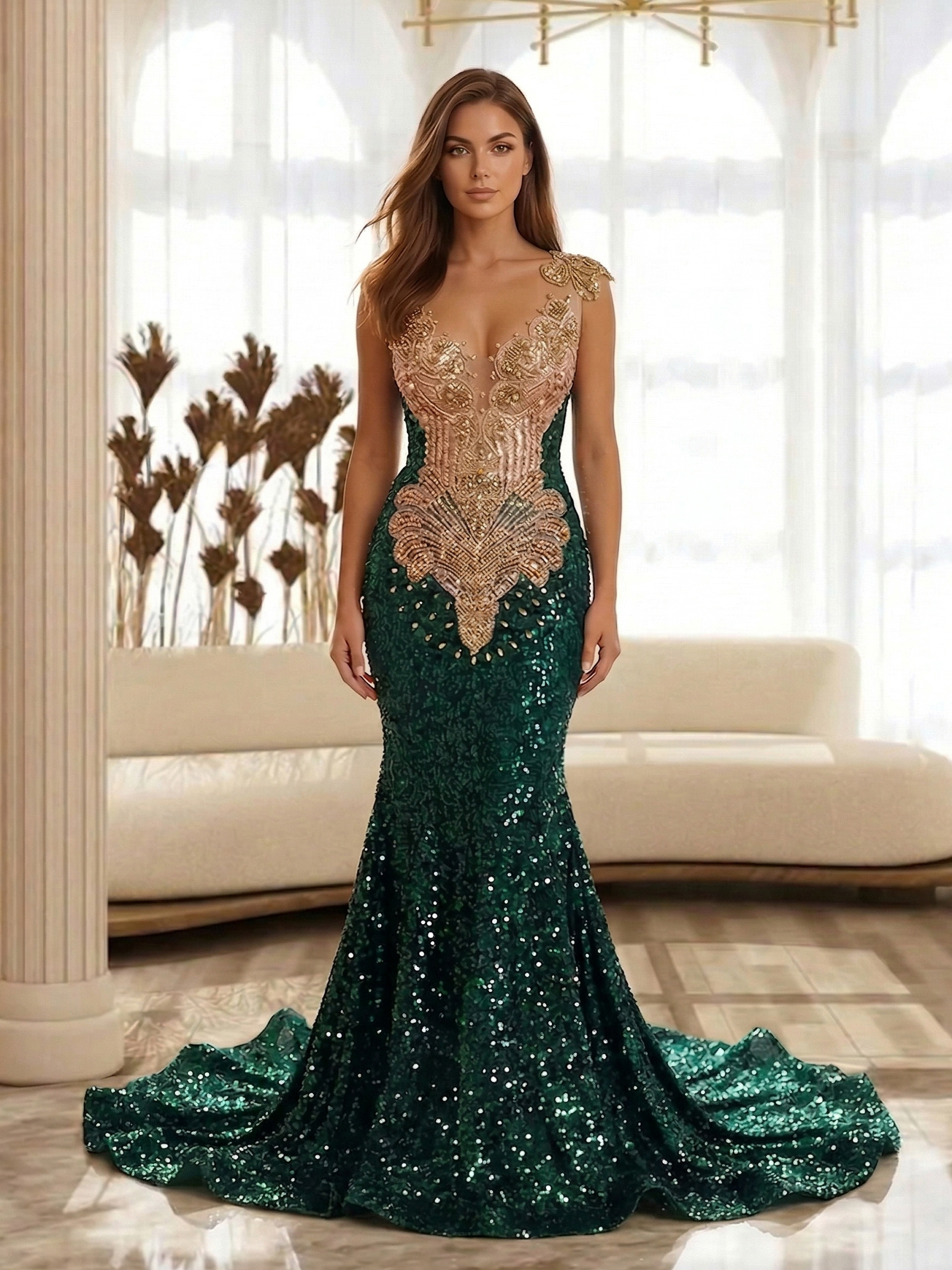 Majestic Green Gold Embellished Gown | Angellavish