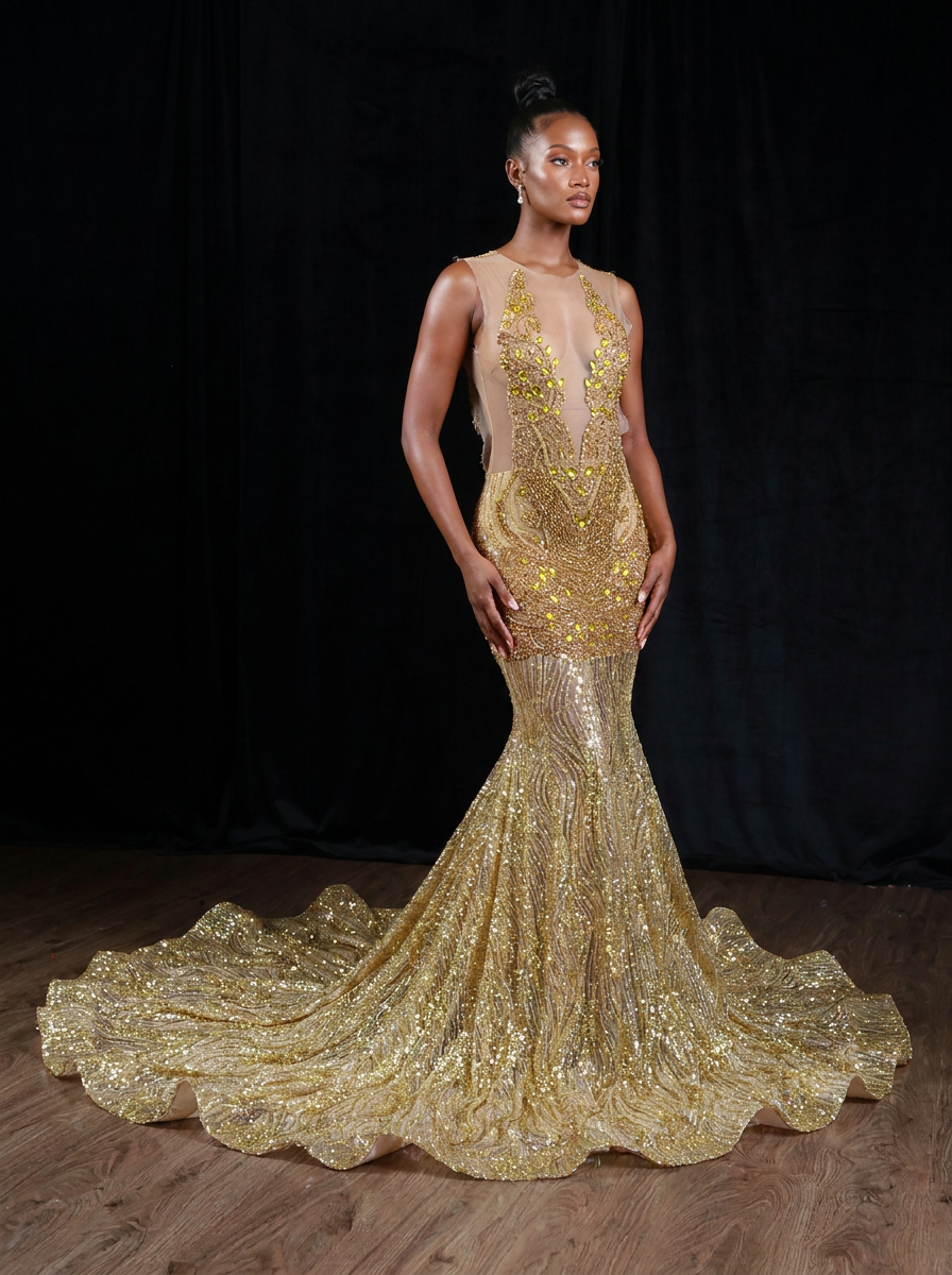 Gold Mesh Cut-Out Gown THM24070071