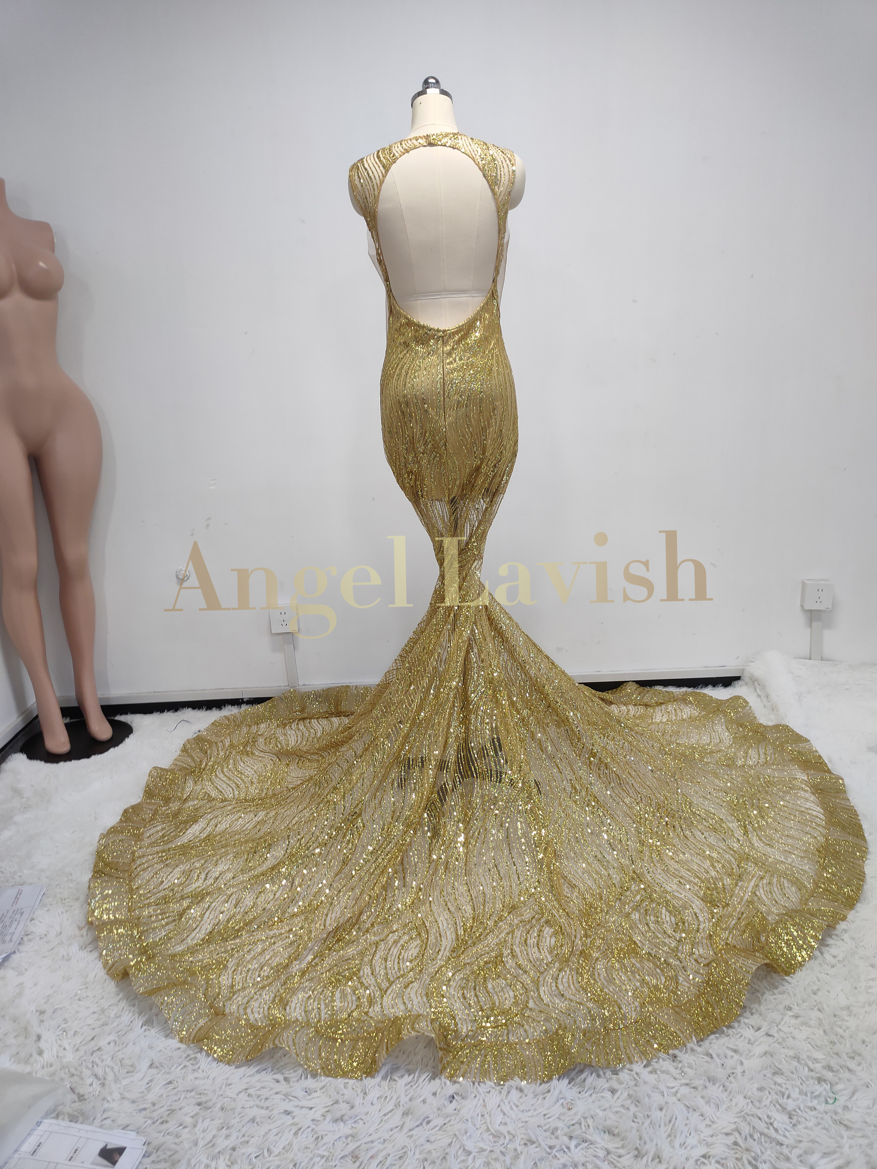 Gold Mesh Cut-Out Gown THM24070071