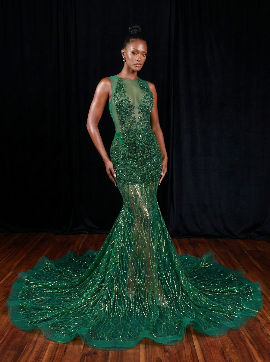 Green Mesh Cut-Out Gown THM24070071