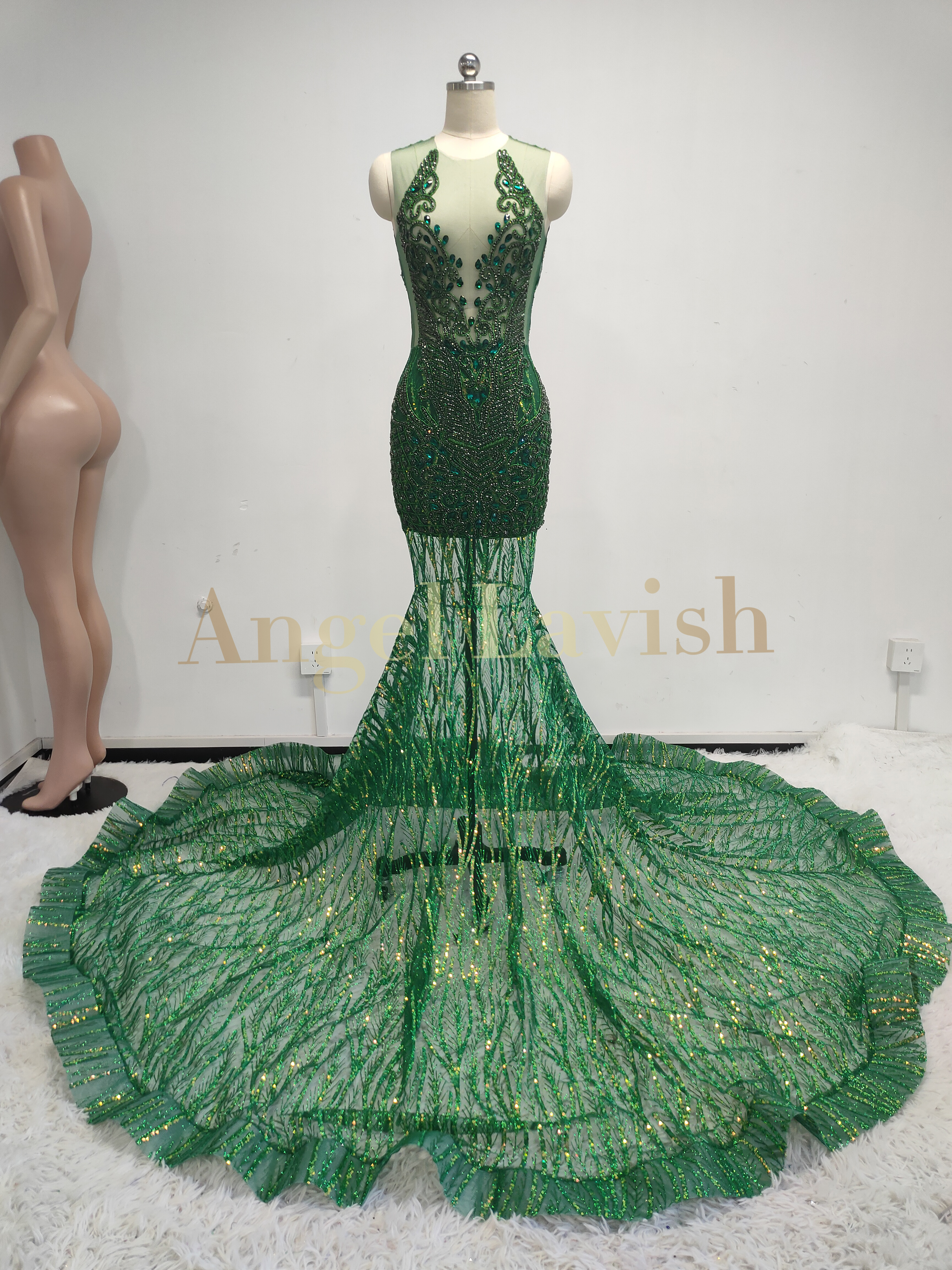 Green Mesh Cut-Out Gown THM24070071