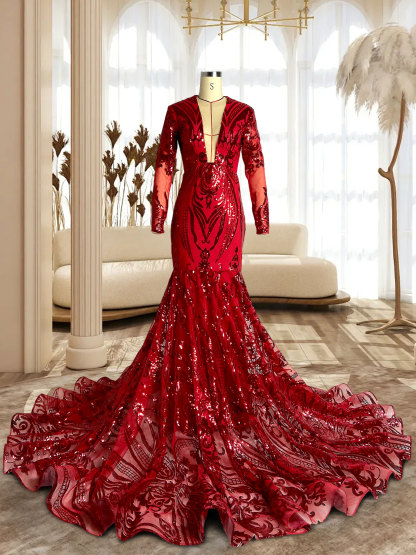 Red Cut Out Sequins Gown