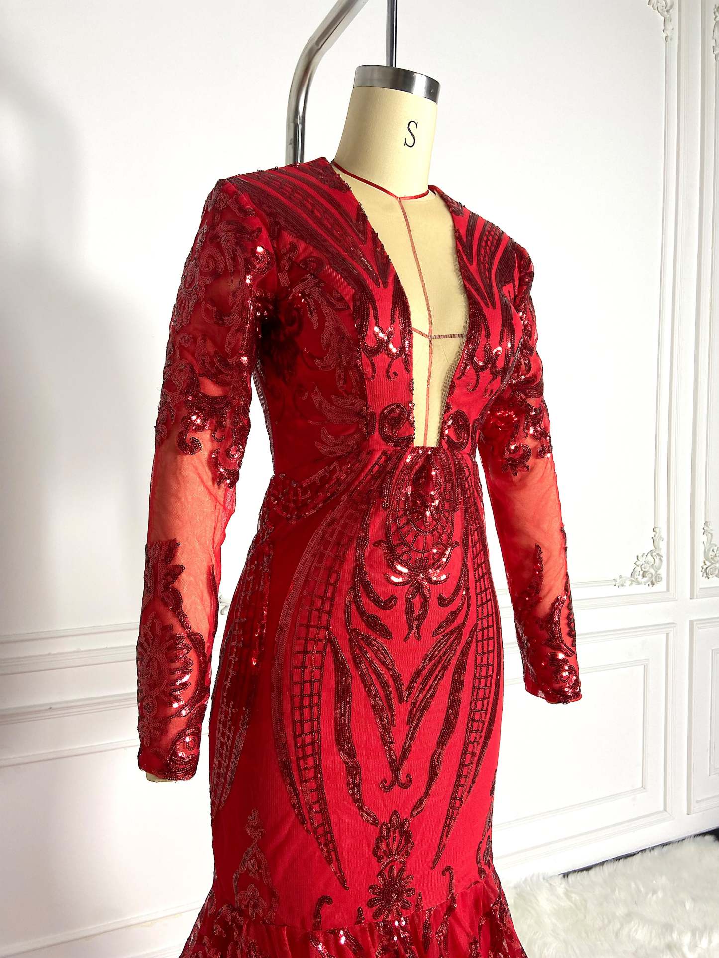 Red Cut Out Sequins Gown