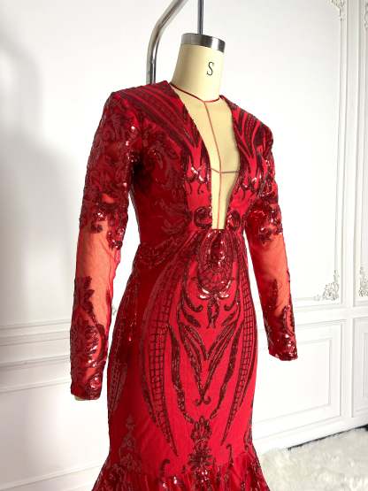 Red Cut Out Sequins Gown