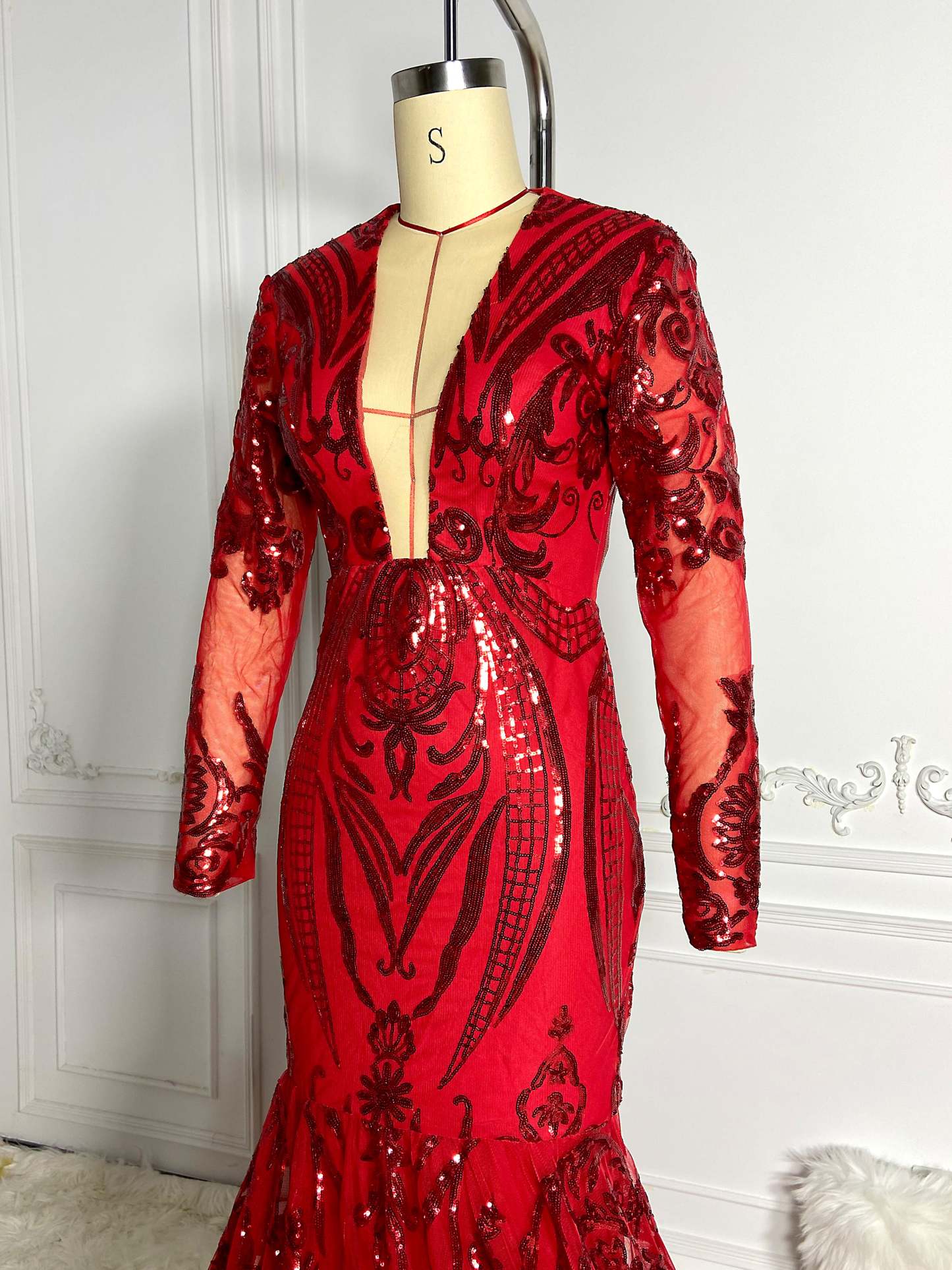 Red Cut Out Sequins Gown