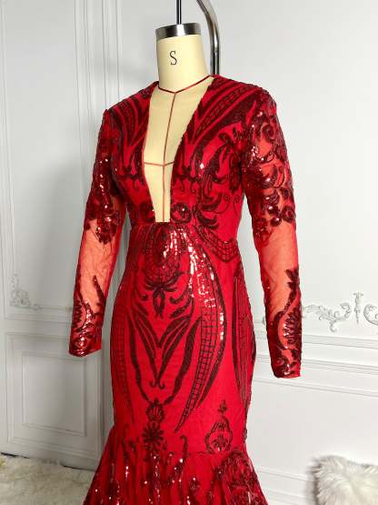 Red Cut Out Sequins Gown