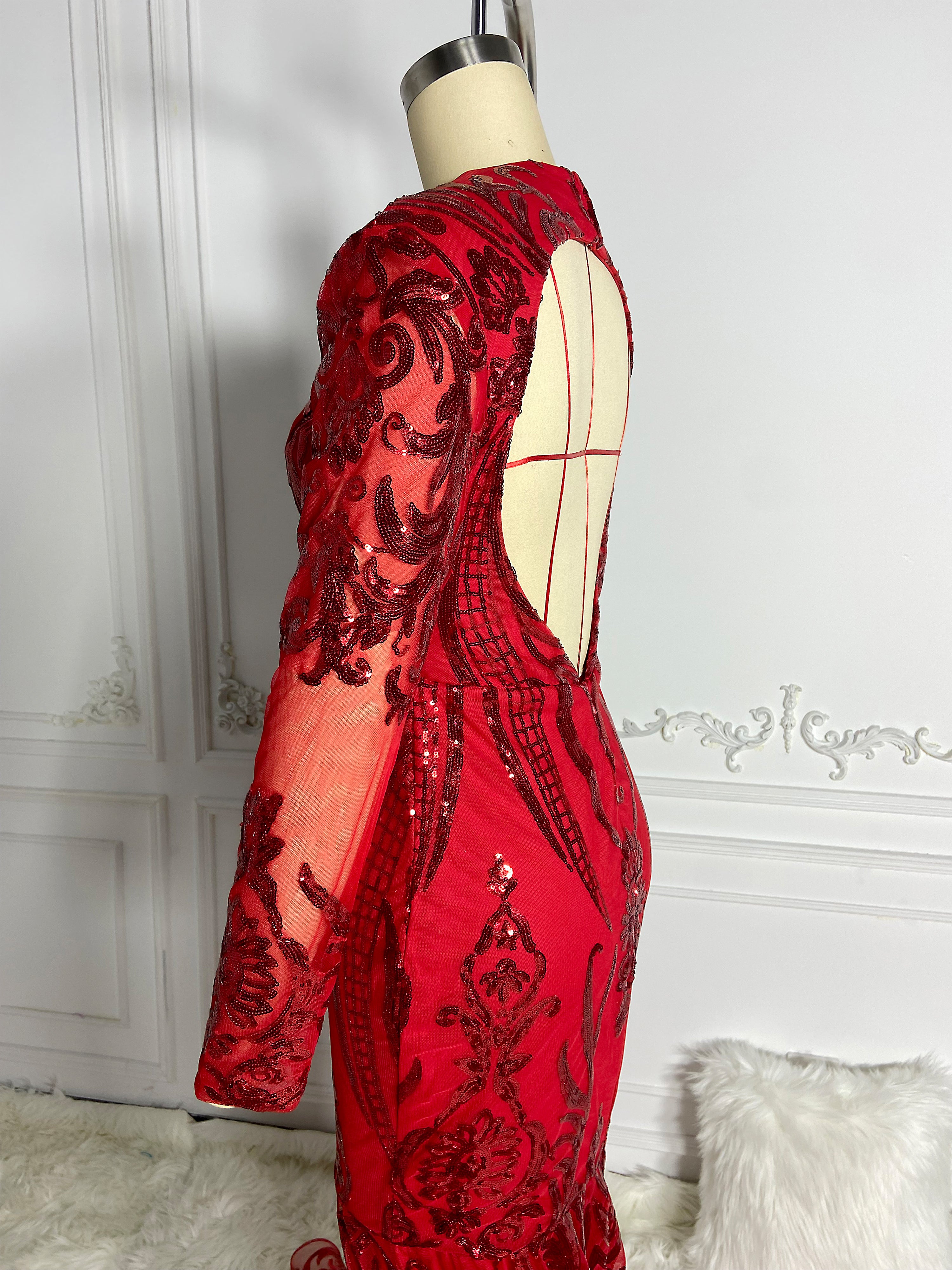 Red Cut Out Sequins Gown