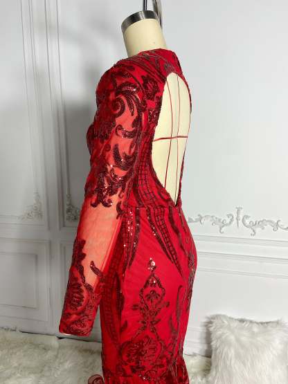 Red Cut Out Sequins Gown