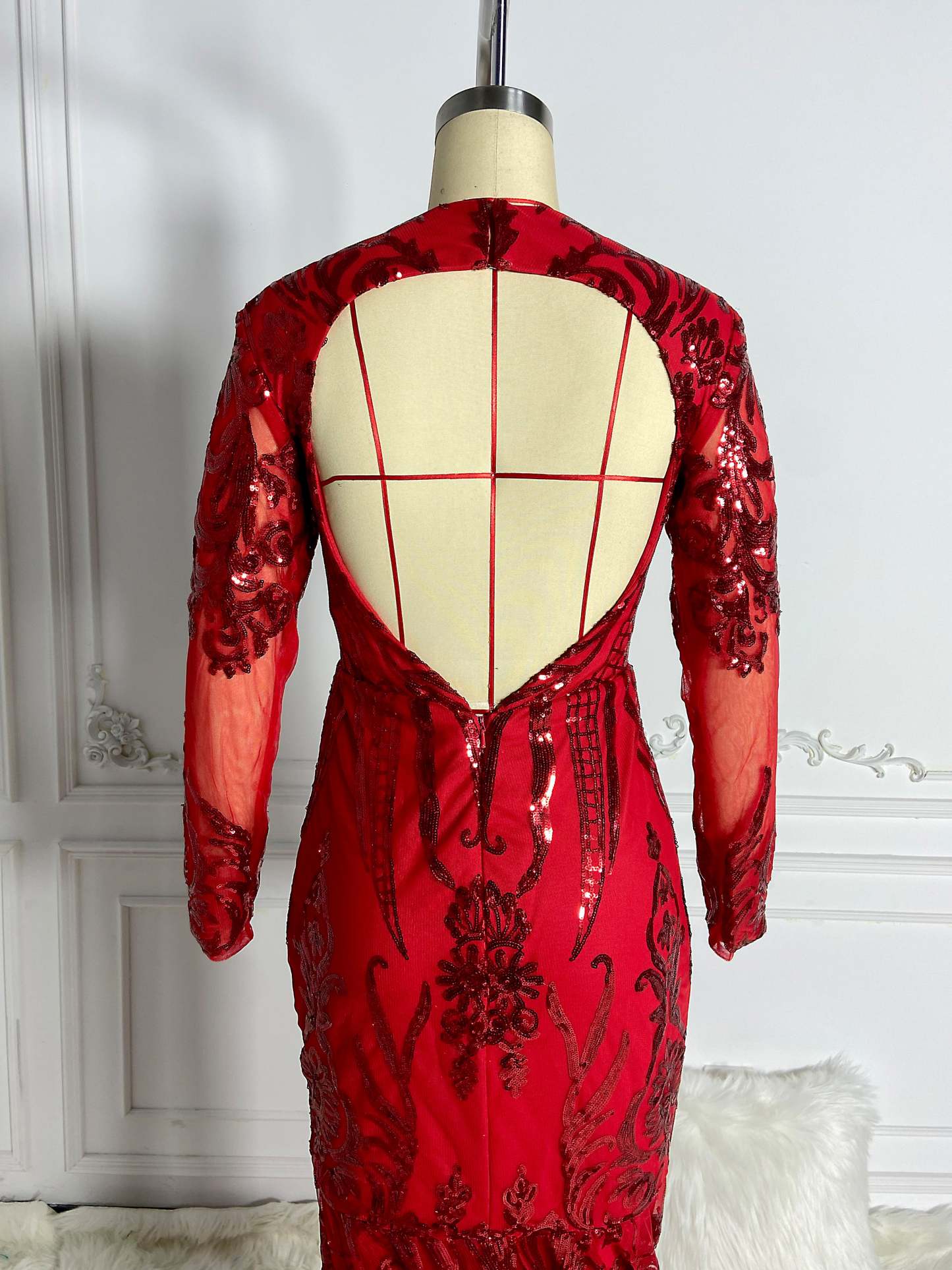 Red Cut Out Sequins Gown