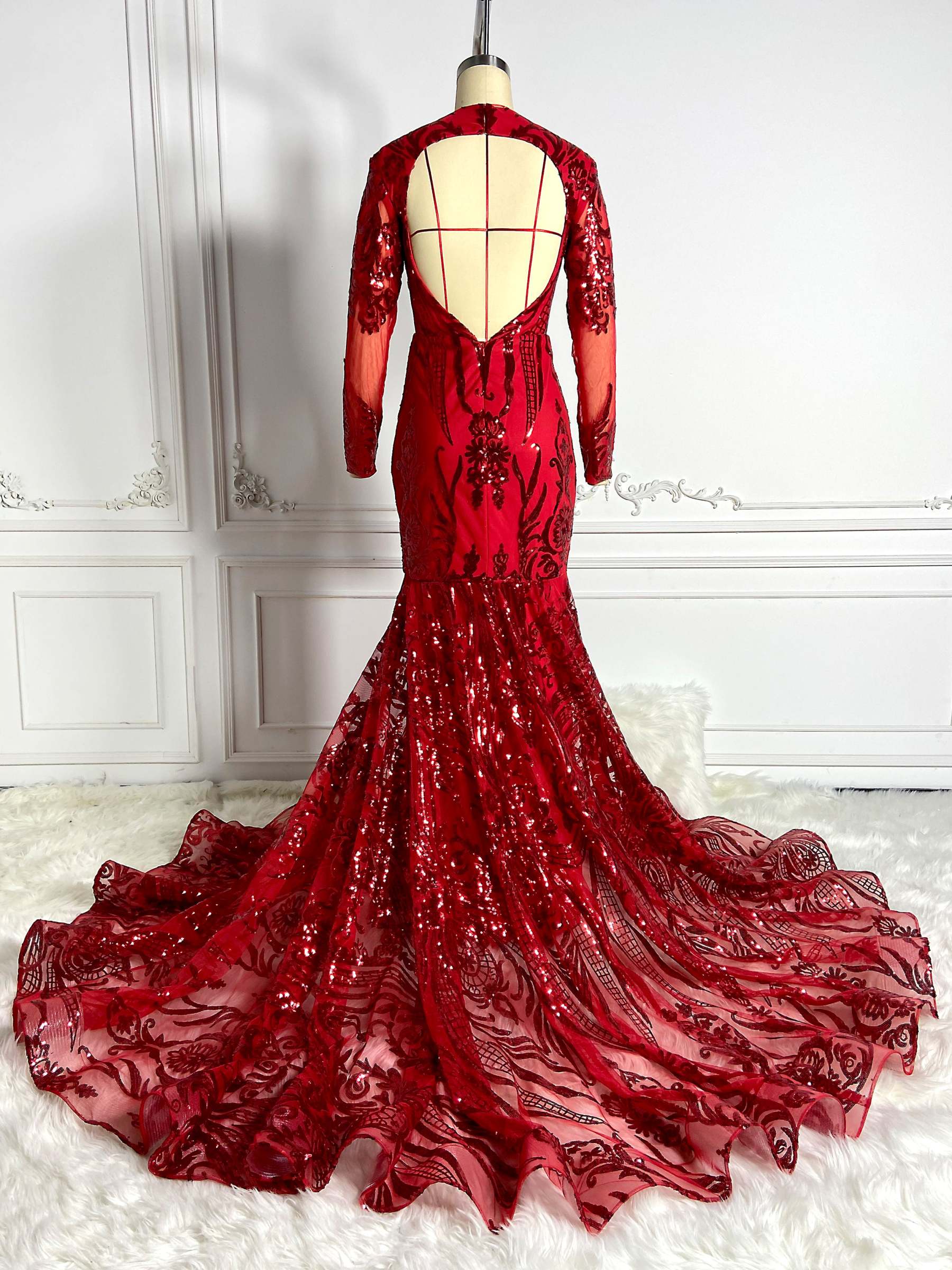 Red Cut Out Sequins Gown