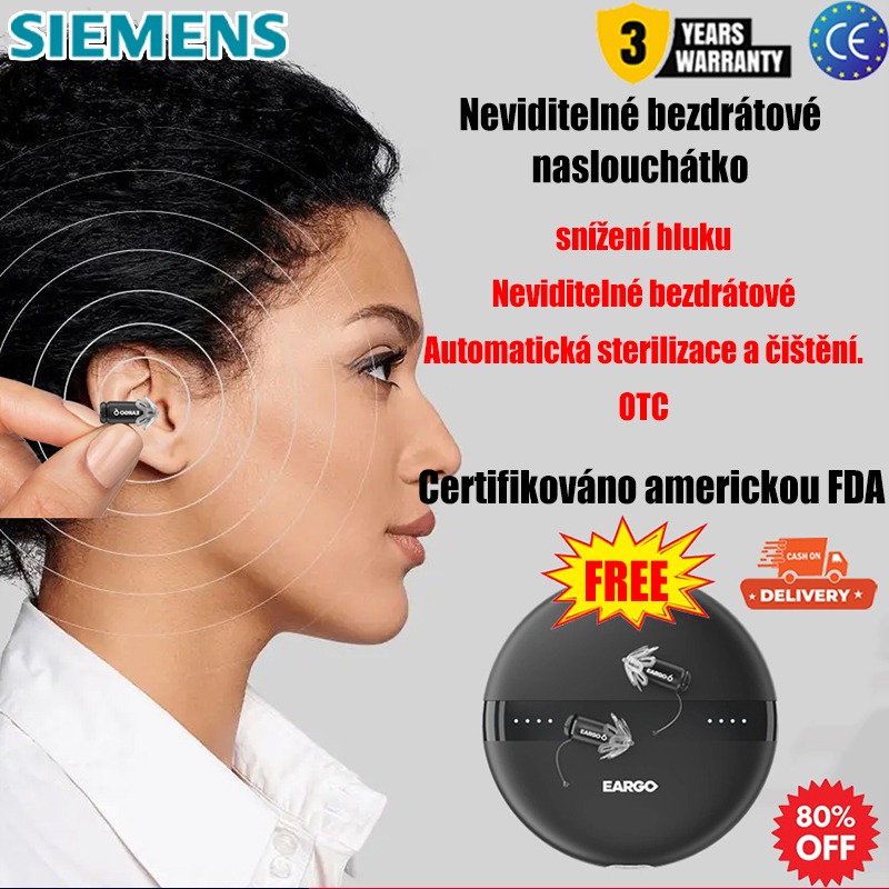 Siemens EARGO 7 OTC sluchadlo: neviditelné, dobíjecí, flexibilní CIC, schváleno FDA.
