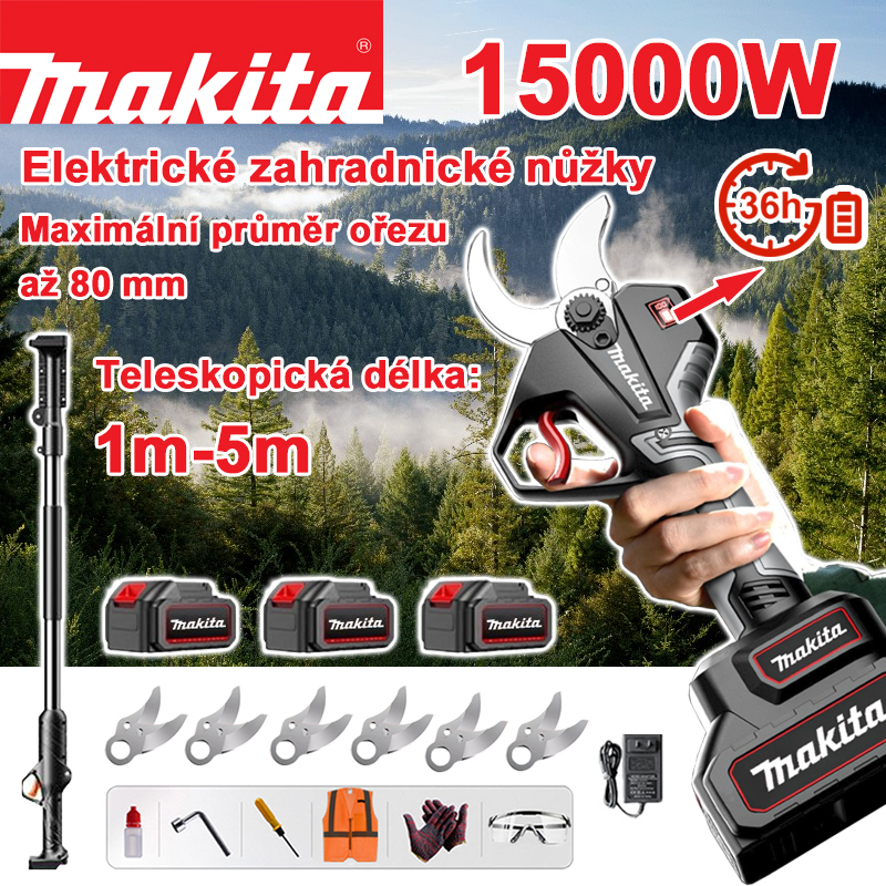 Bezuhlíkové lithiové elektrické nůžky na větve Makita 15000W s teleskopickou tyčí