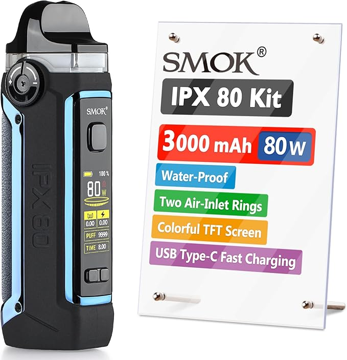 Startovací sada pro elektronické cigarety SMOK IPX80, 80W 3000mAh, vodotěsná + prachotěsná a nárazuvzdorná, regulace proudění vzduchu, barevný TFT displej, rychlé nabíjení přes USB typu C, 2ml bez nikotinu