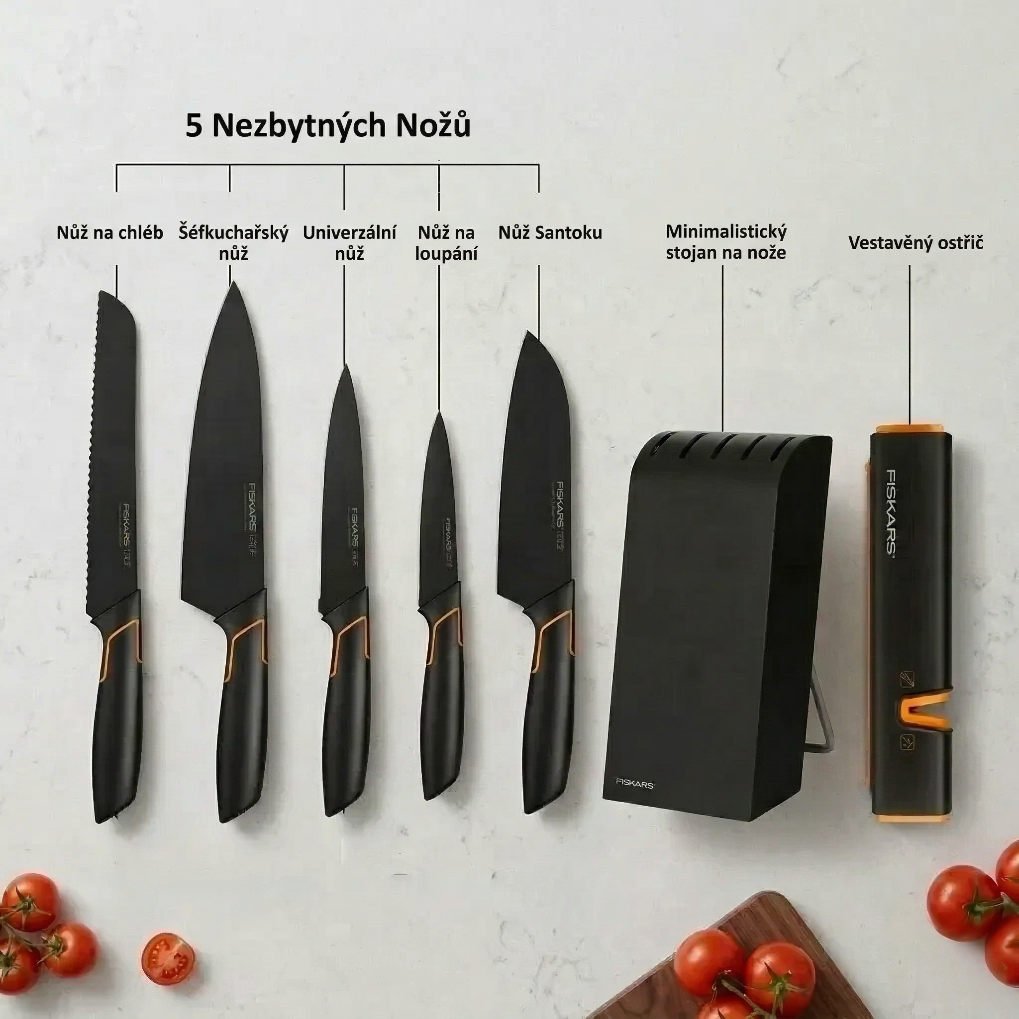 Limitovaná edice: 5dílná sada nožů FISKARS® (s držákem na nože) – řada FISKARS EDGE, ostré kuchyňské nože + ořezávátko