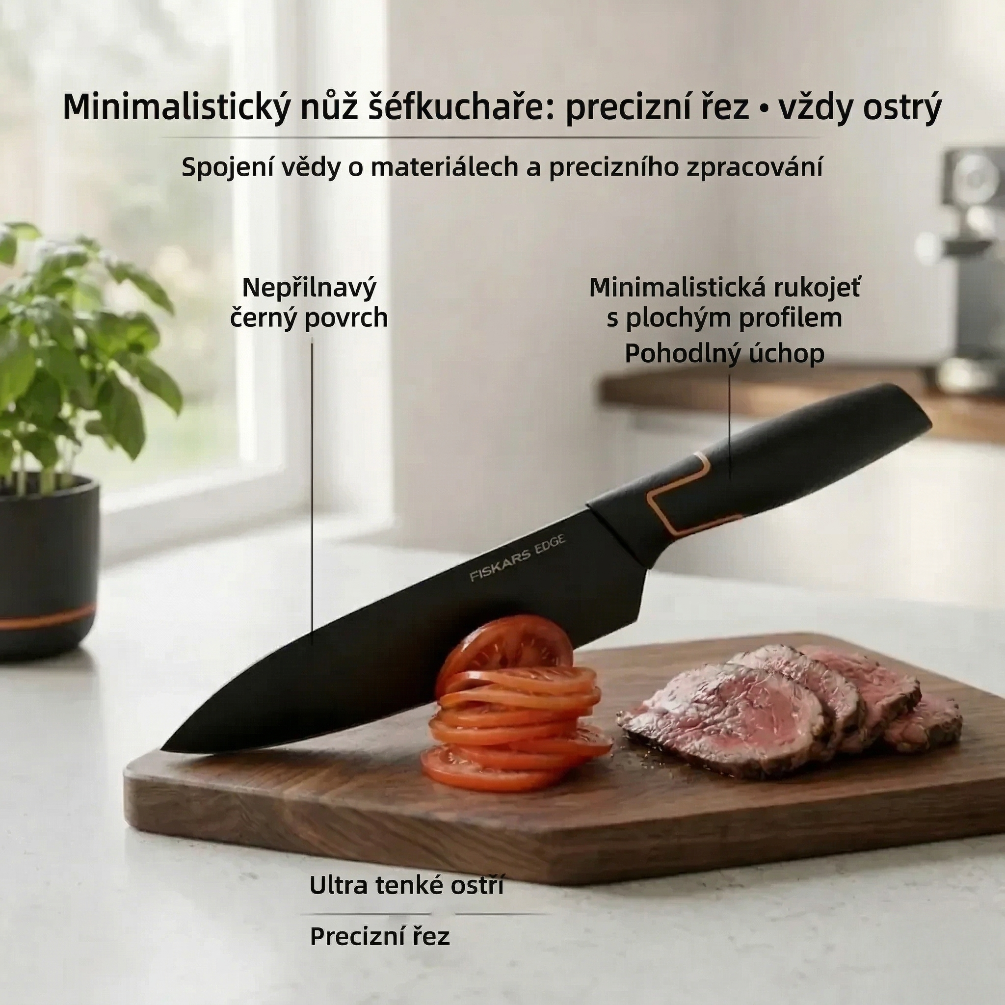 Limitovaná edice: 5dílná sada nožů FISKARS® (s držákem na nože) – řada FISKARS EDGE, ostré kuchyňské nože + ořezávátko