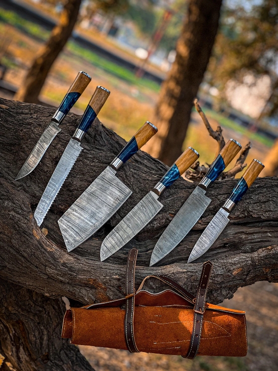 Set de 6 cuțite de bucătărie din oțel damasc, de culoare albastră marină, cuțit de exterior, cuțit de legume, cuțit de bucătar din oțel damasc.