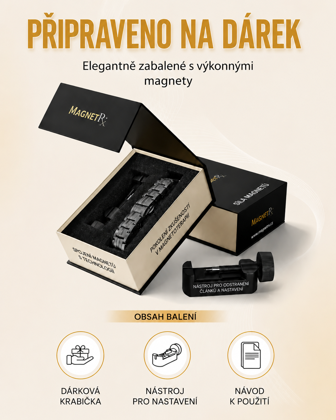 MagnetRX® Pánský magnetický náramek – magnety o 5krát silnější než model EllipseMAX s intenzitou 5000 Gaussů – americký design a patentovaný systém – prémiový titanový pánský magnetický náramek s nastavitelnou délkou