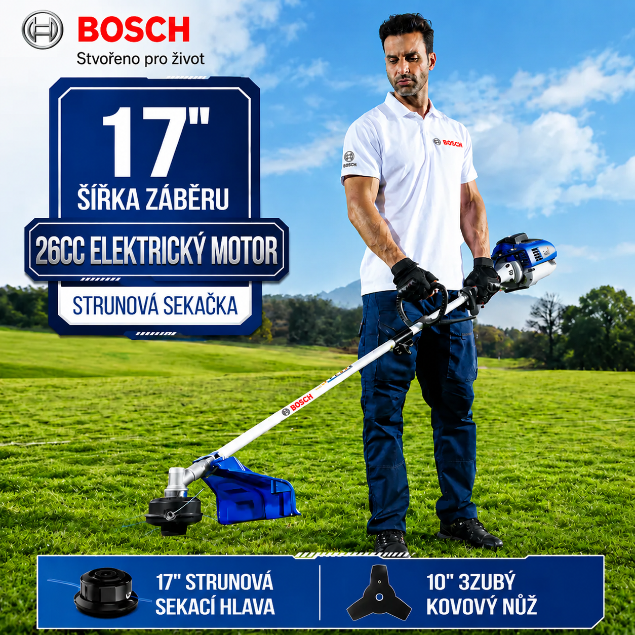 BOSCH 3 v 1 sekačka trávy / okrajová sekačka, šířka řezu 43 cm, křovinořez s řezným záběrem 25 cm, gumová rukojeť a ramenní popruh, 2 baterie v balení.