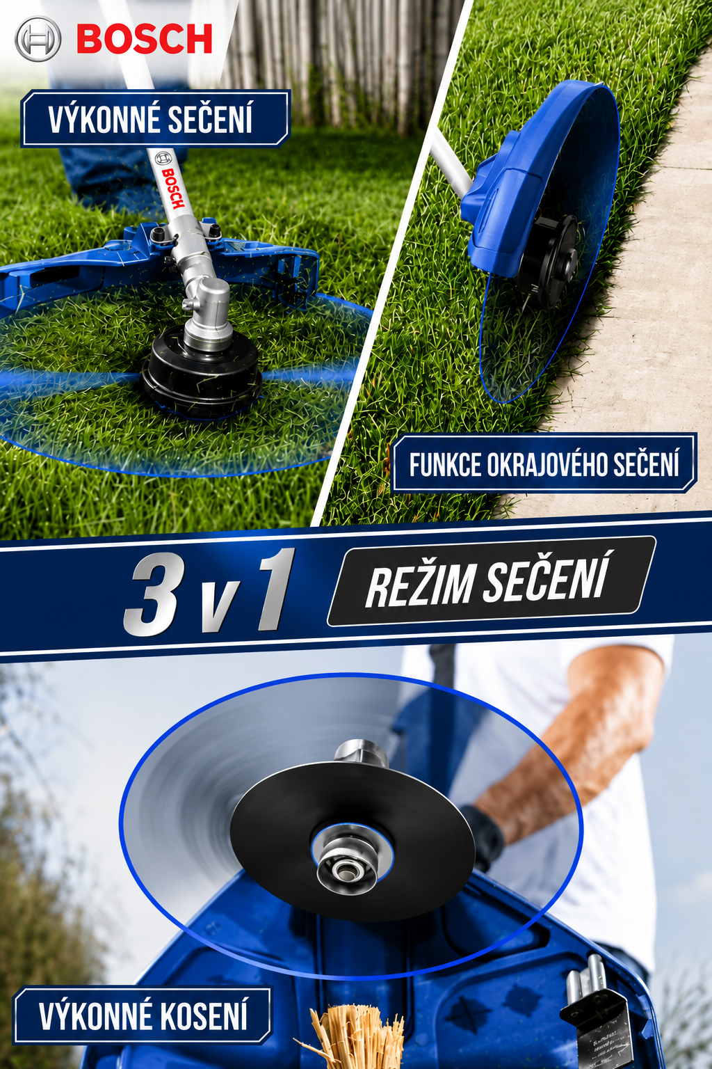 BOSCH 3 v 1 sekačka trávy / okrajová sekačka, šířka řezu 43 cm, křovinořez s řezným záběrem 25 cm, gumová rukojeť a ramenní popruh, 2 baterie v balení.