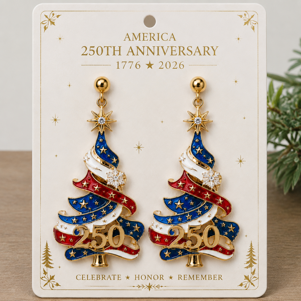 America 250th Anniversary Christmas Tree Earrings