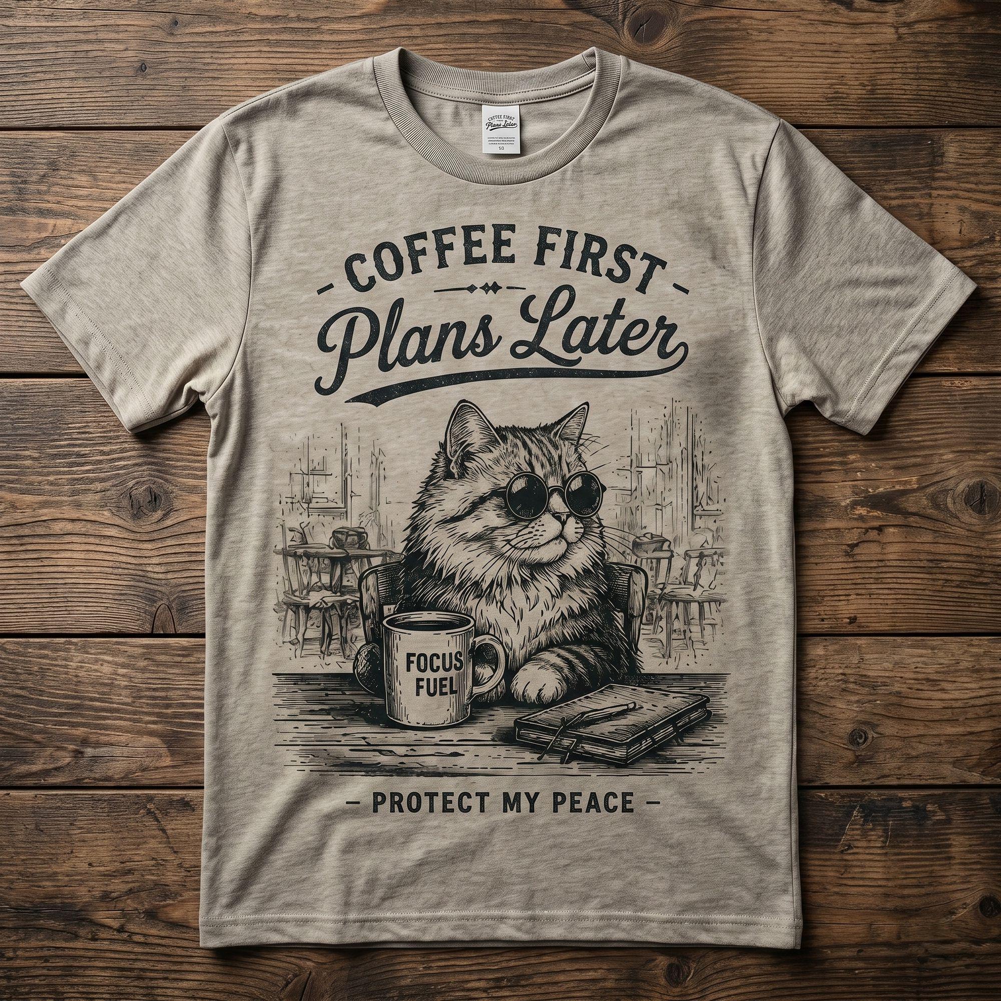 Vintage "Coffee First, Plans Later" Cat T-shirt