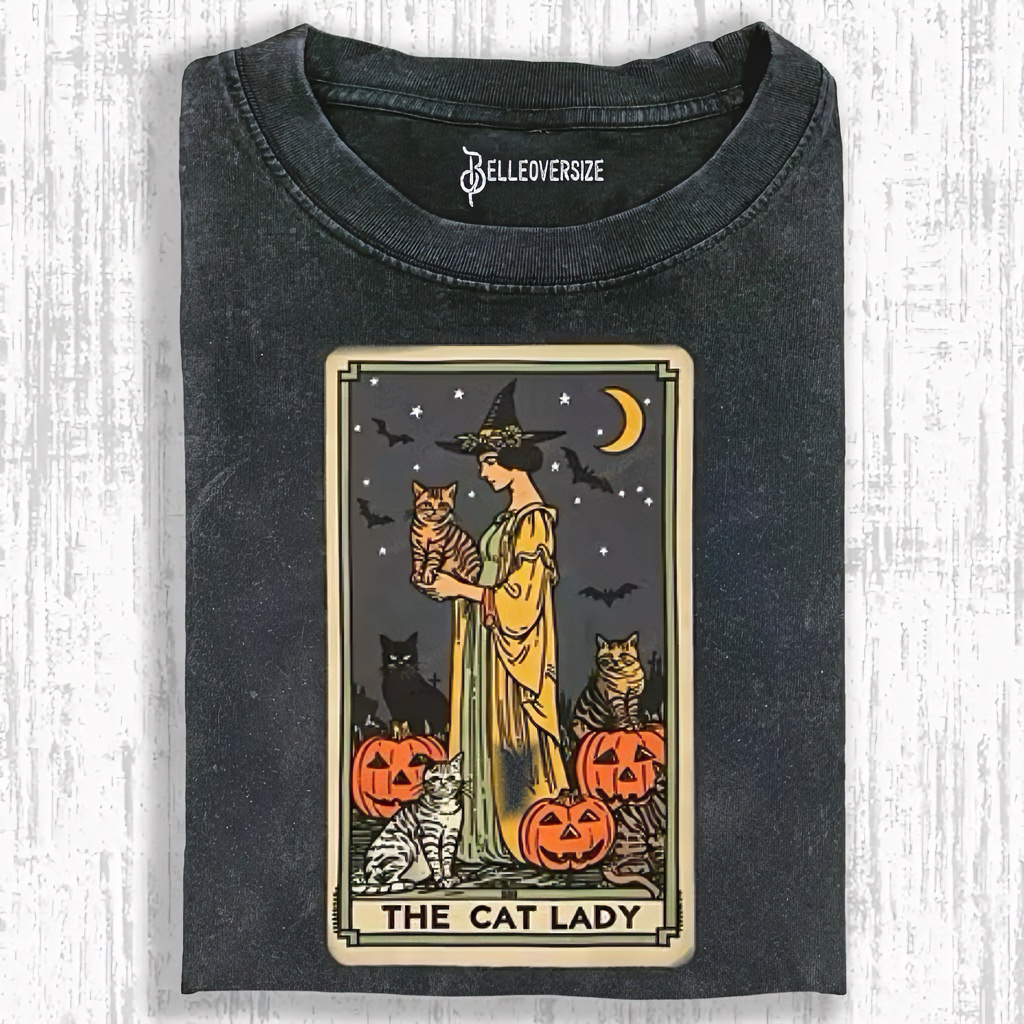 Cat Lady Halloween Party Tarot Card Washed T-Shirt