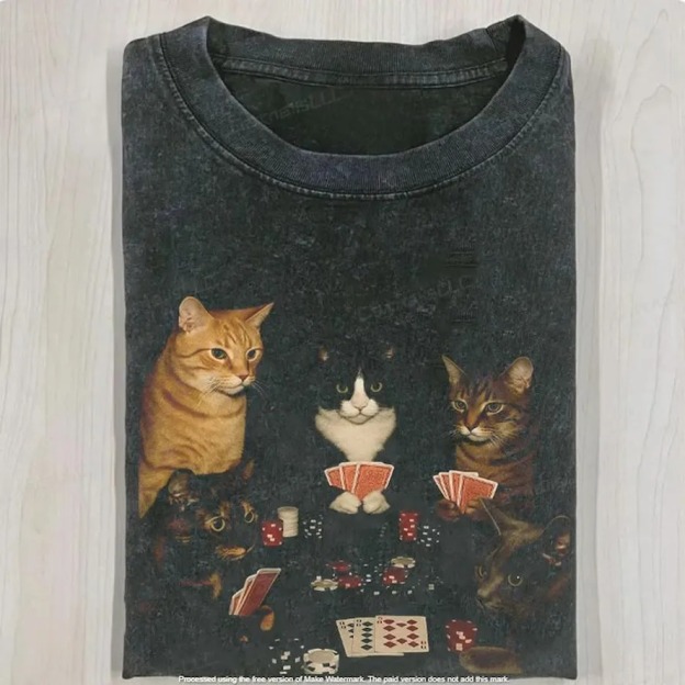 Retro Funny Cats Playing Poker Meme Graphic T-shirt