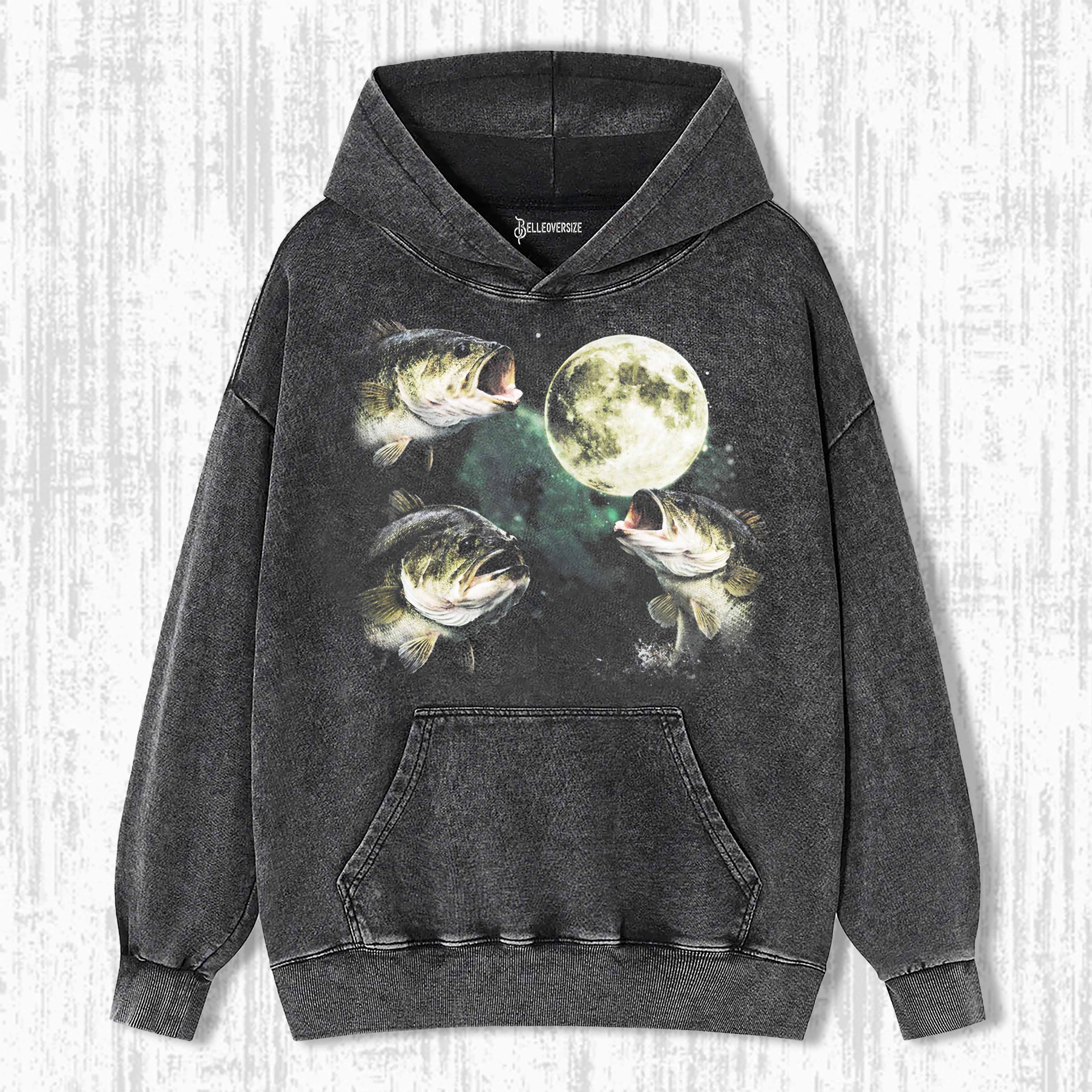 BASS FISHING MOON VINTAGE GRAPHIC HOODIE 