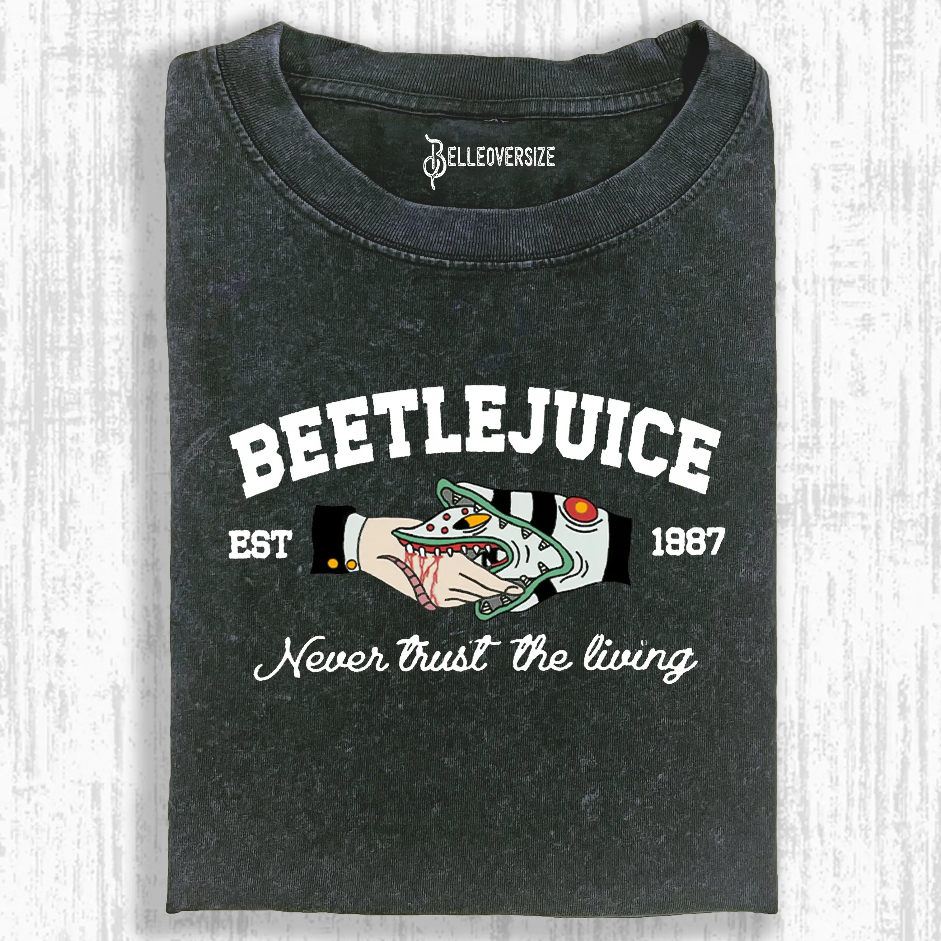 BEETLEJUICE NEVER TRUST THE LIVING CROP  SHIRT