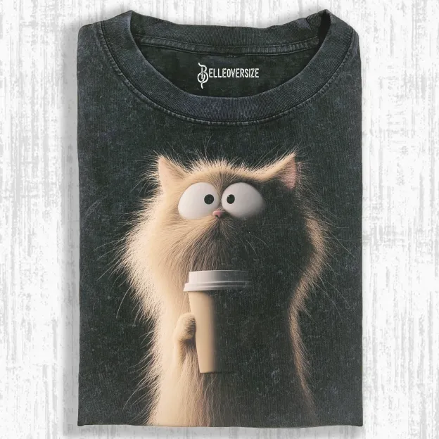 CARICATURE CAT WITH A MUG T-SHIRT
