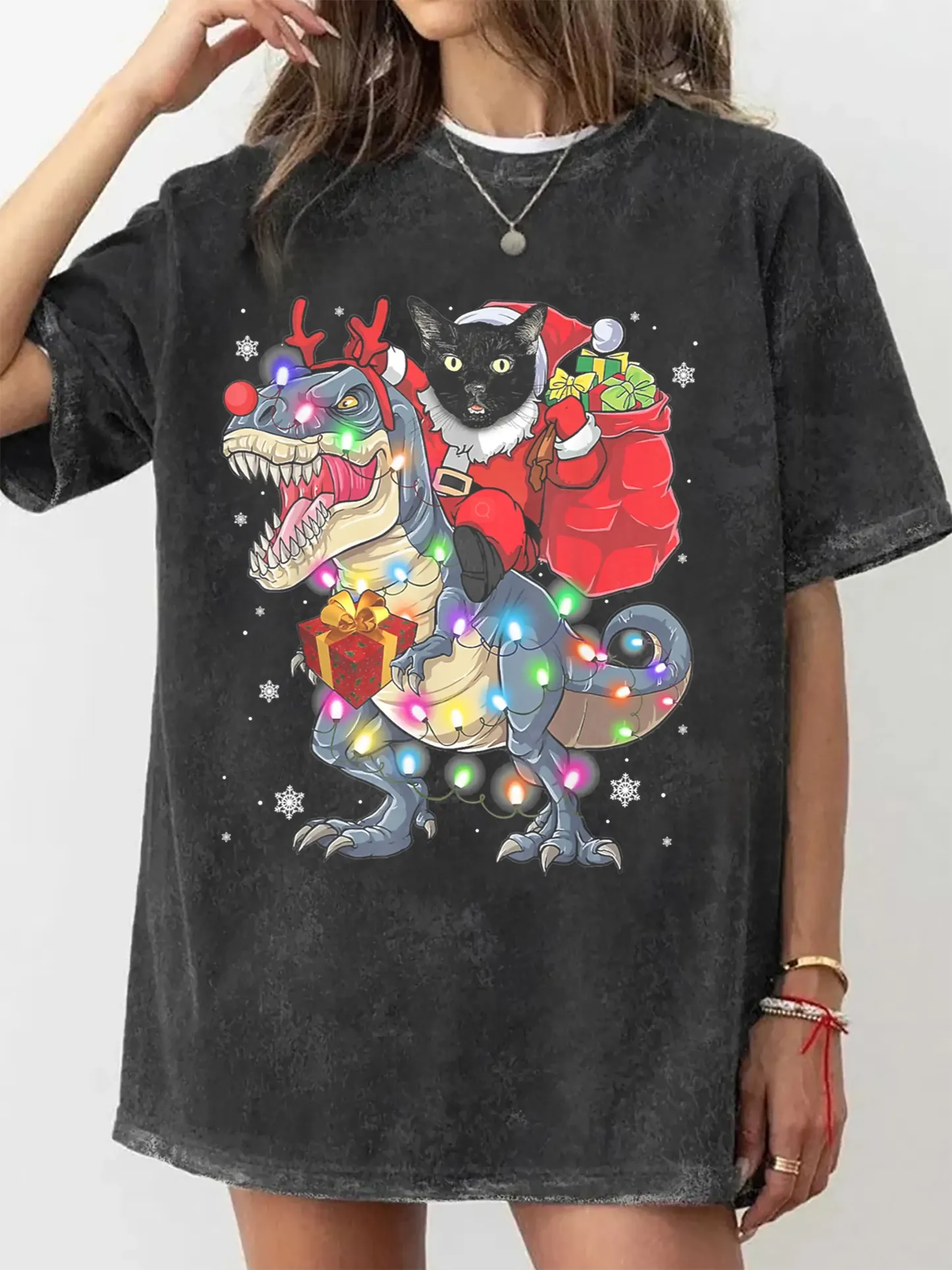 CAT RIDING A DINOSAUR T REX CHRISTMAS SHIRT