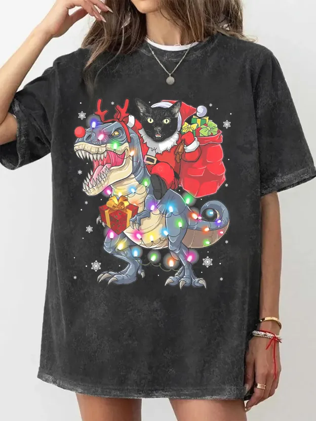 CAT RIDING A DINOSAUR T REX CHRISTMAS SHIRT