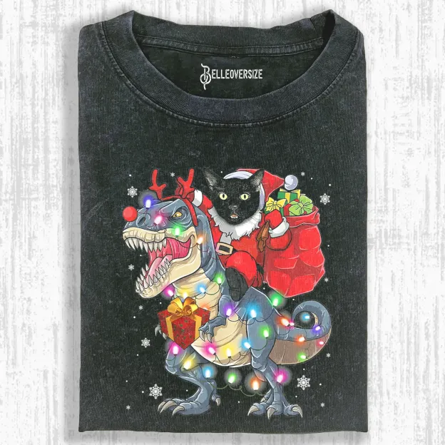 CAT RIDING A DINOSAUR T REX CHRISTMAS SHIRT