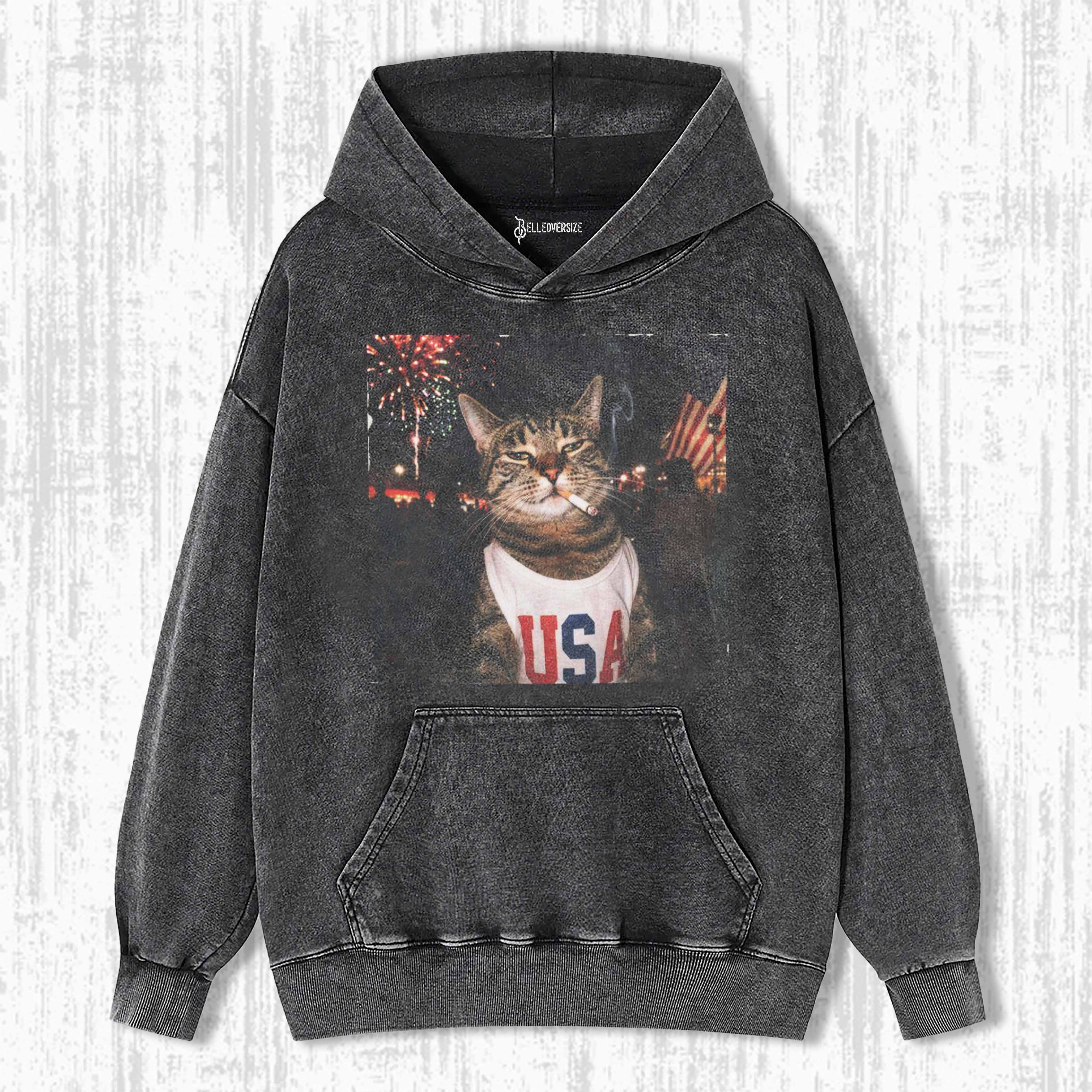 FUNNY PATRIOTIC SMOKING CAT HOODIE