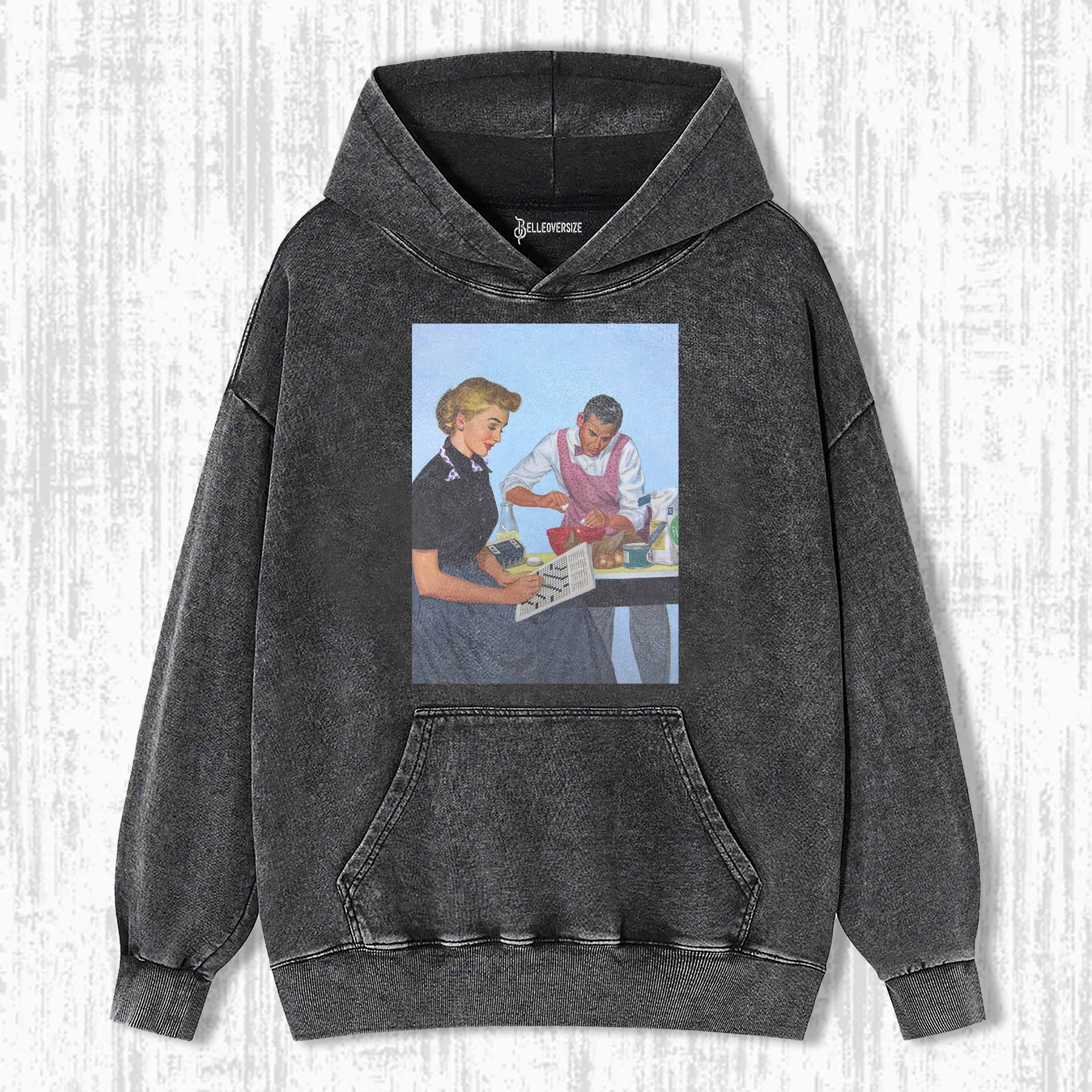 MAN COOKS WOMAN READS RETRO VINTAGE HOODIE