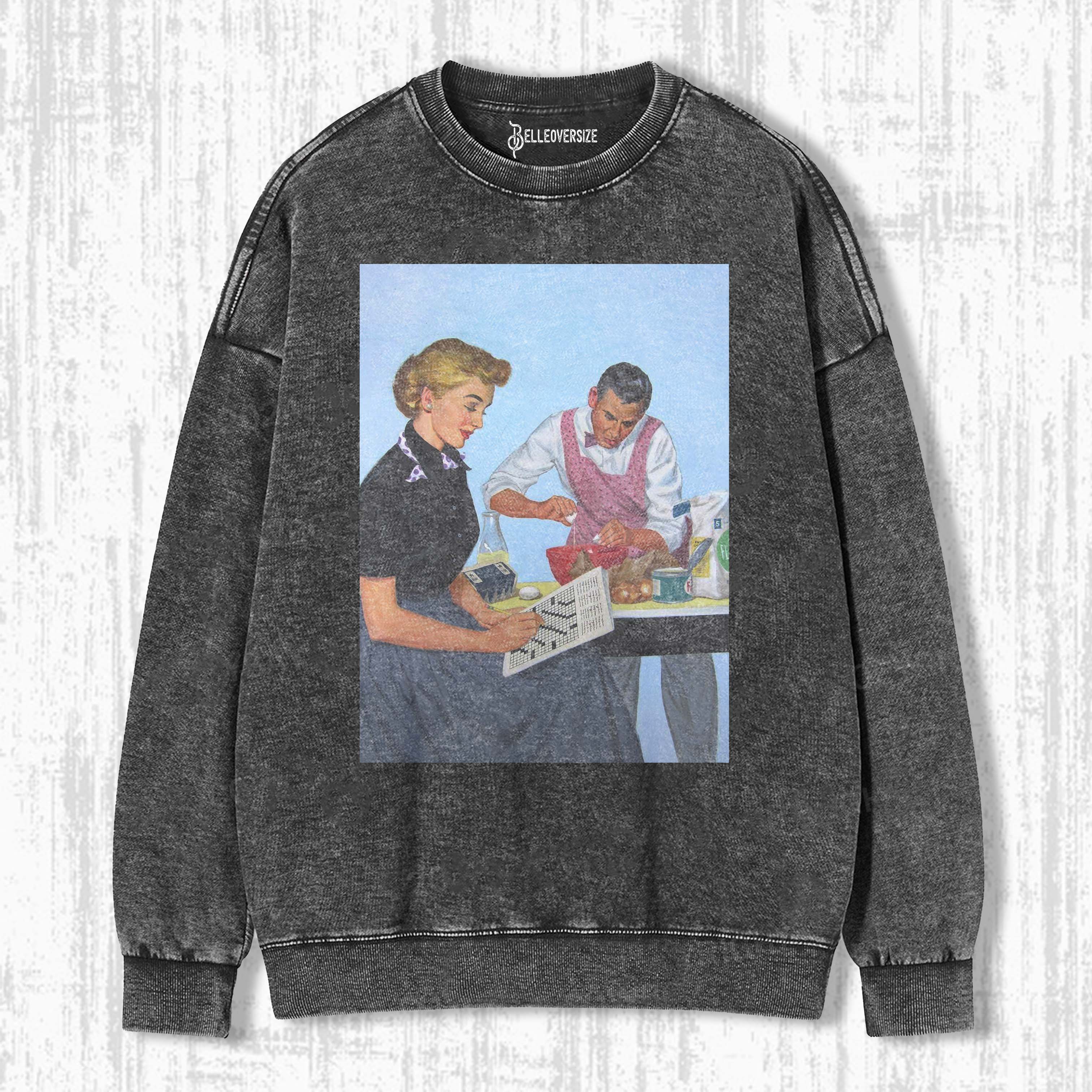MAN COOKS WOMAN READS RETRO VINTAGE SWEATSHIRTS