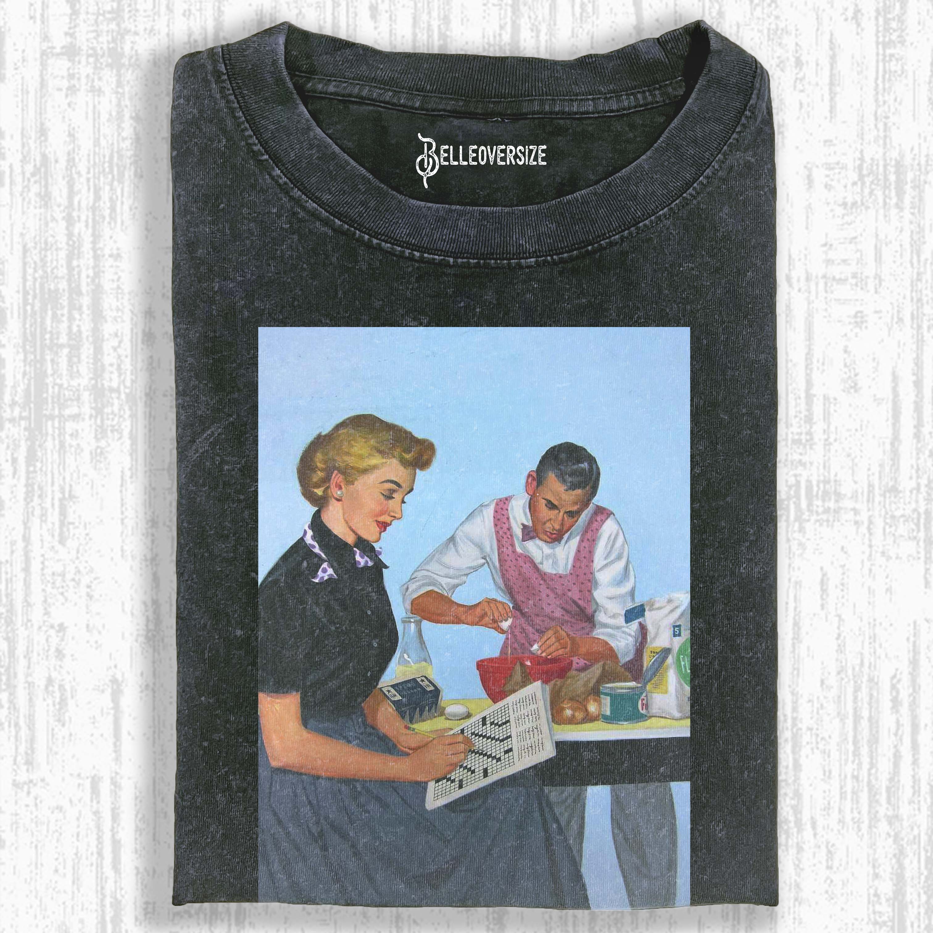 MAN COOKS WOMAN READS RETRO VINTAGE T-SHIRT