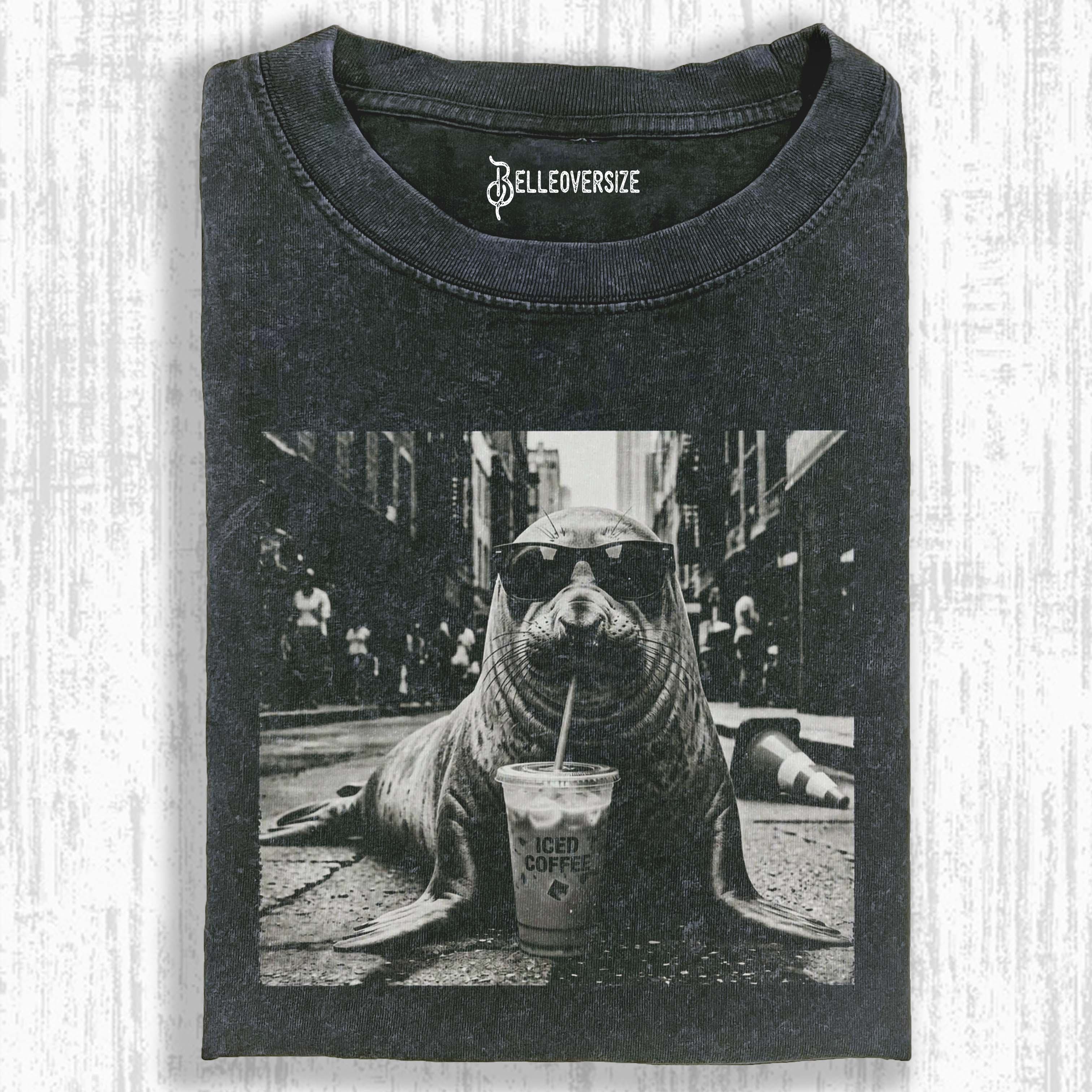 NEIL THE SEAL DRINKING ICED COFFEE ANIMAL MEME T-SHIRT