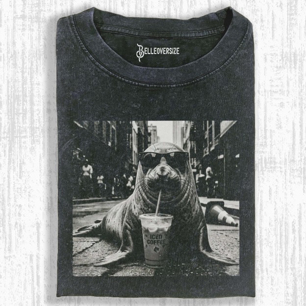 NEIL THE SEAL DRINKING ICED COFFEE ANIMAL MEME T-SHIRT