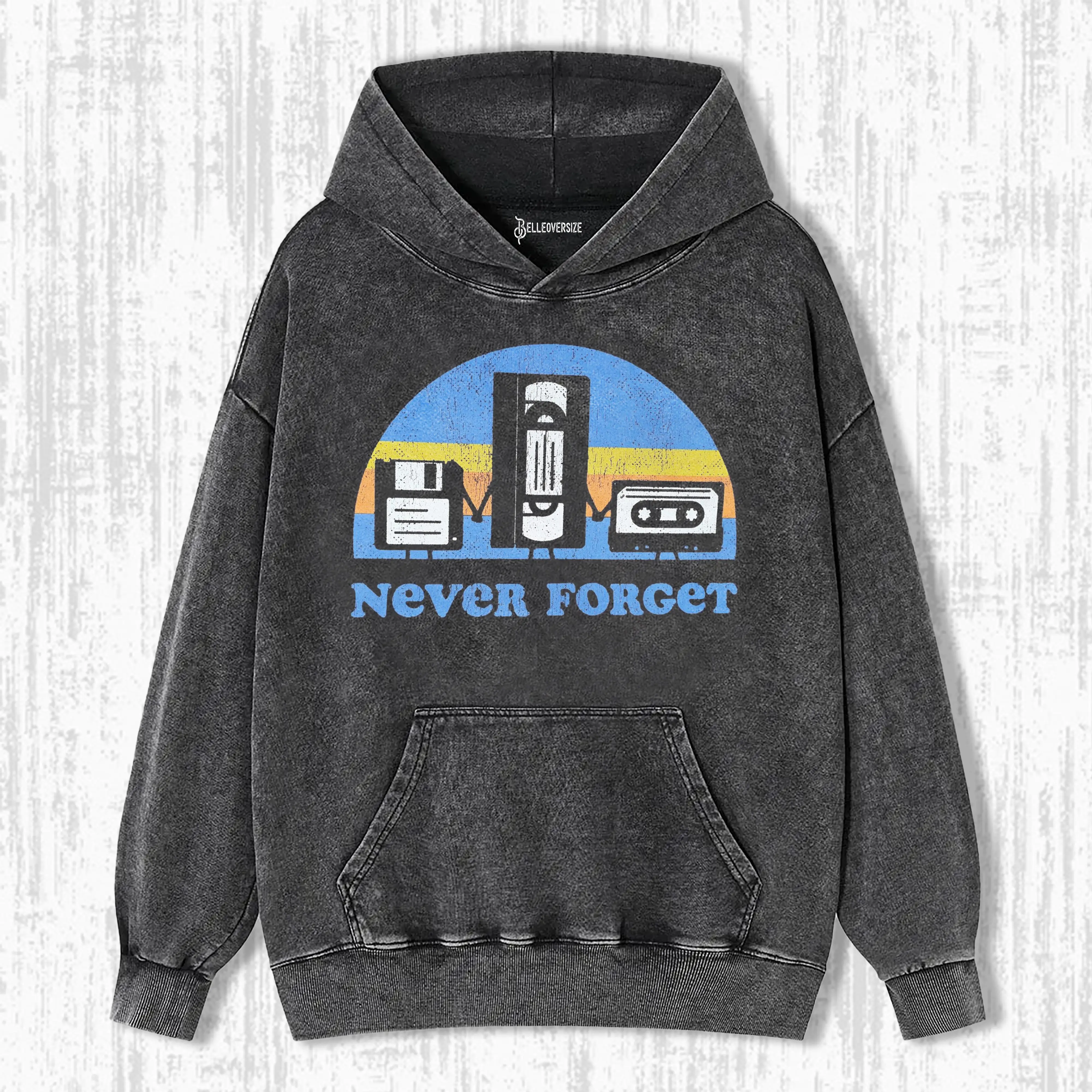 NEVER FORGET VHS DISKETTE AND CASSETTE HOODIE