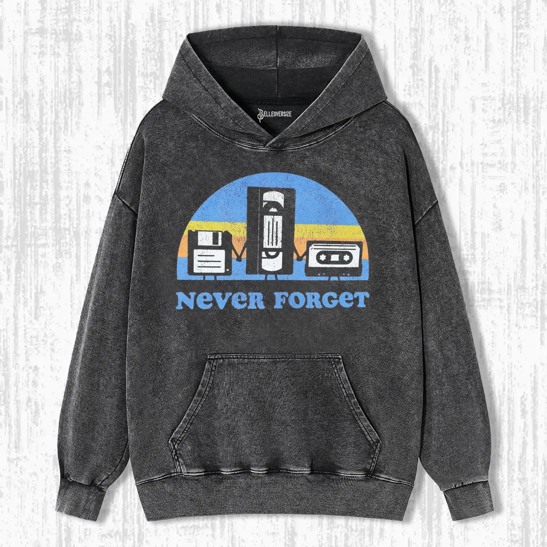 NEVER FORGET VHS DISKETTE AND CASSETTE HOODIE