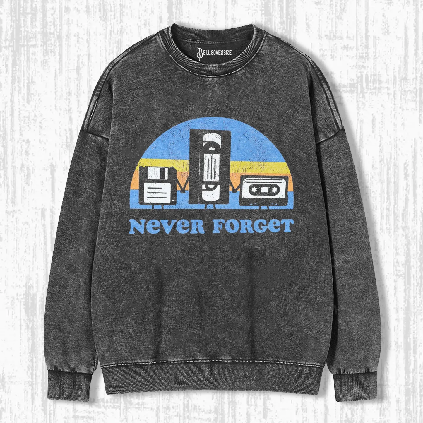NEVER FORGET VHS DISKETTE AND CASSETTE SWEATSHIRTS