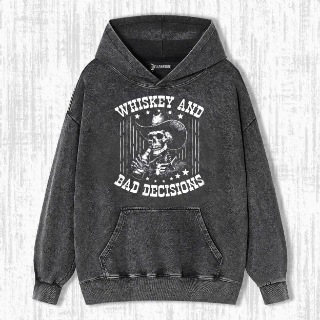 RETRO FUNNY SKULL WHISKEY AND BAD DECISIONS 90S HOODIE
