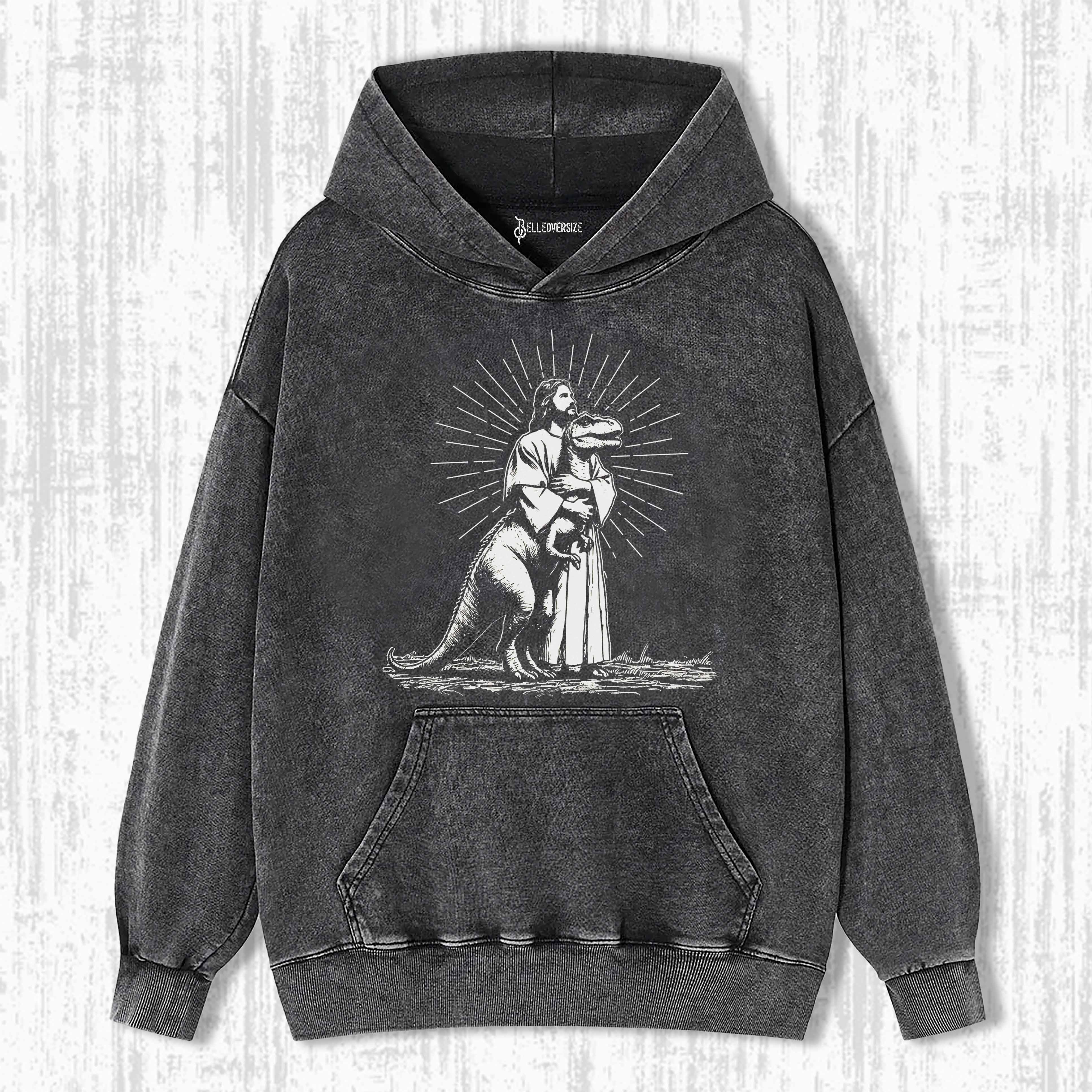 RETRO JESUS HOLDING DINOSAUR HOODIE