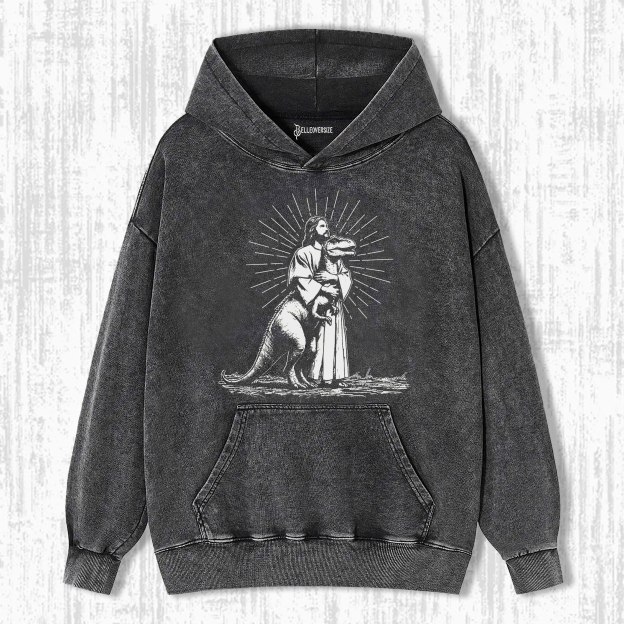 RETRO JESUS HOLDING DINOSAUR HOODIE