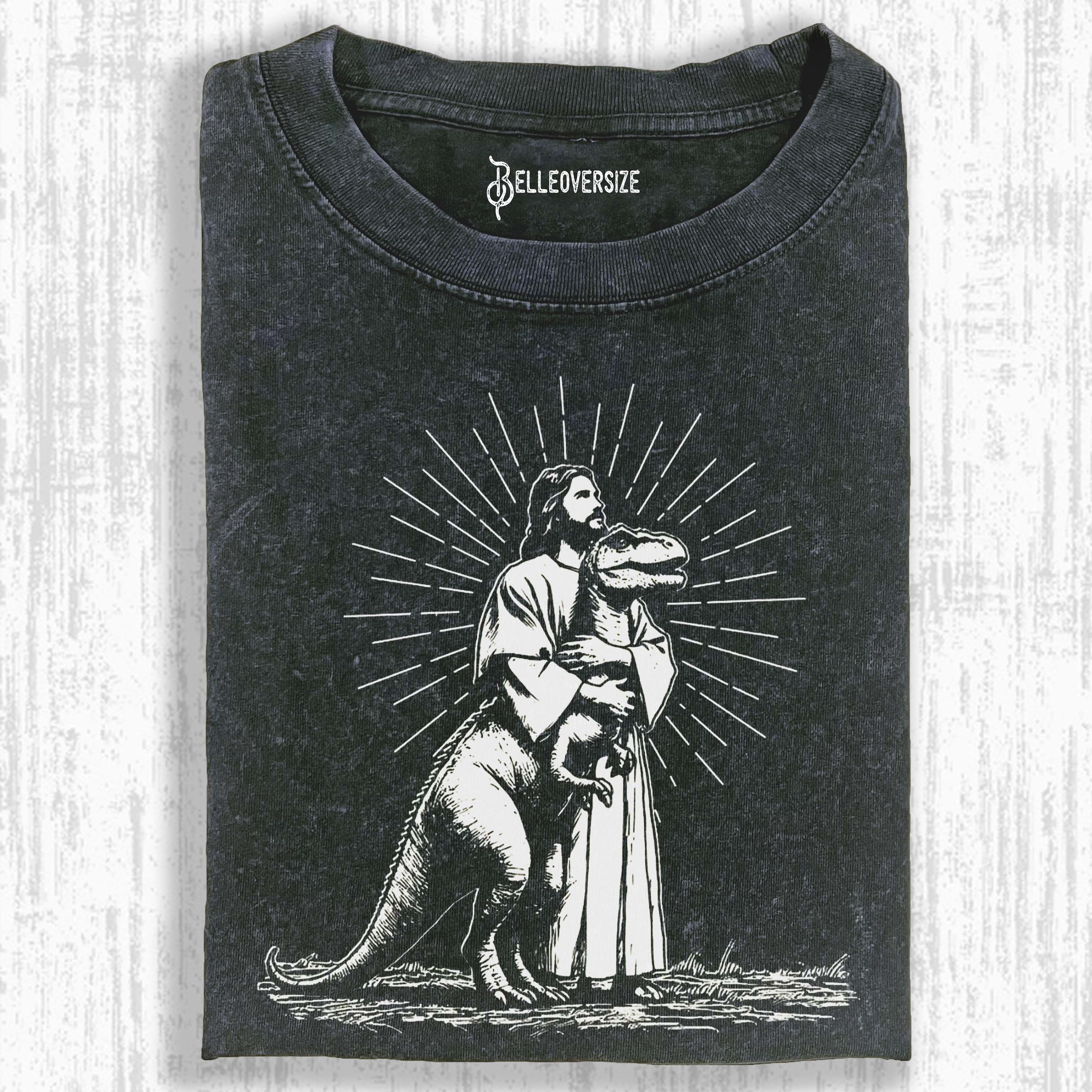 RETRO JESUS HOLDING DINOSAUR T-SHIRT