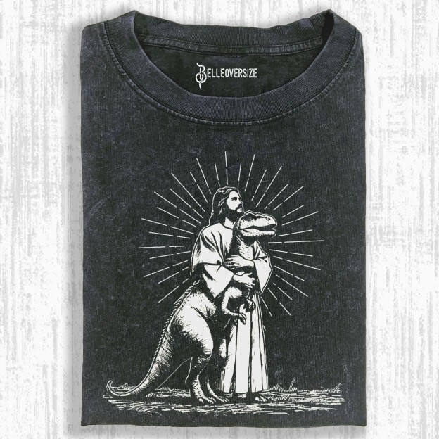 RETRO JESUS HOLDING DINOSAUR T-SHIRT