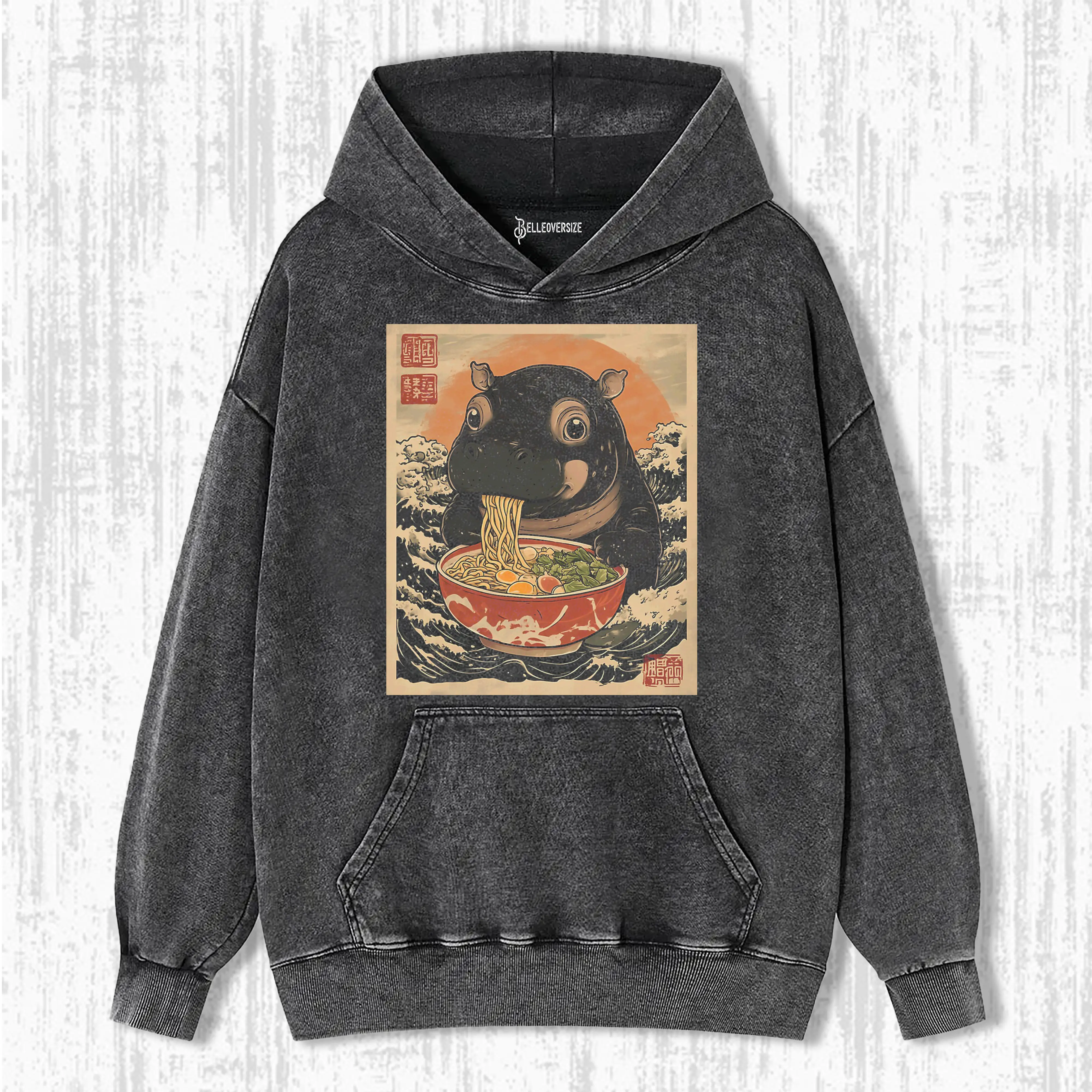VINTAGE MOO DENG HIPPO EAT RAMEN WASHED HOODIE