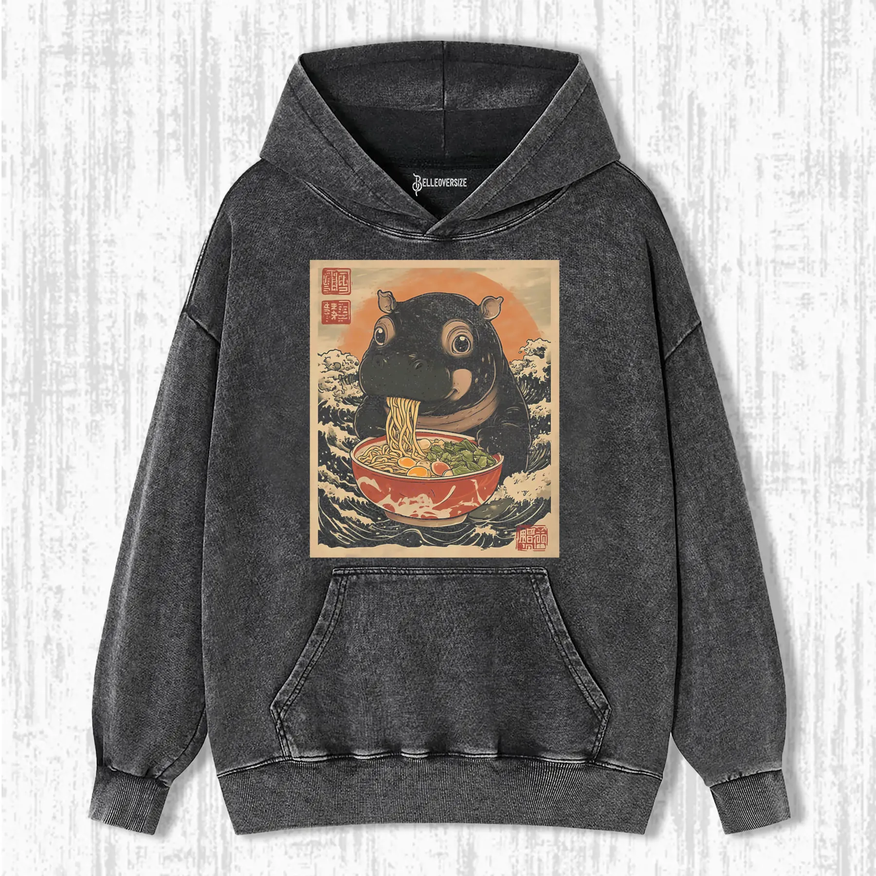 VINTAGE MOO DENG HIPPO EAT RAMEN WASHED HOODIE